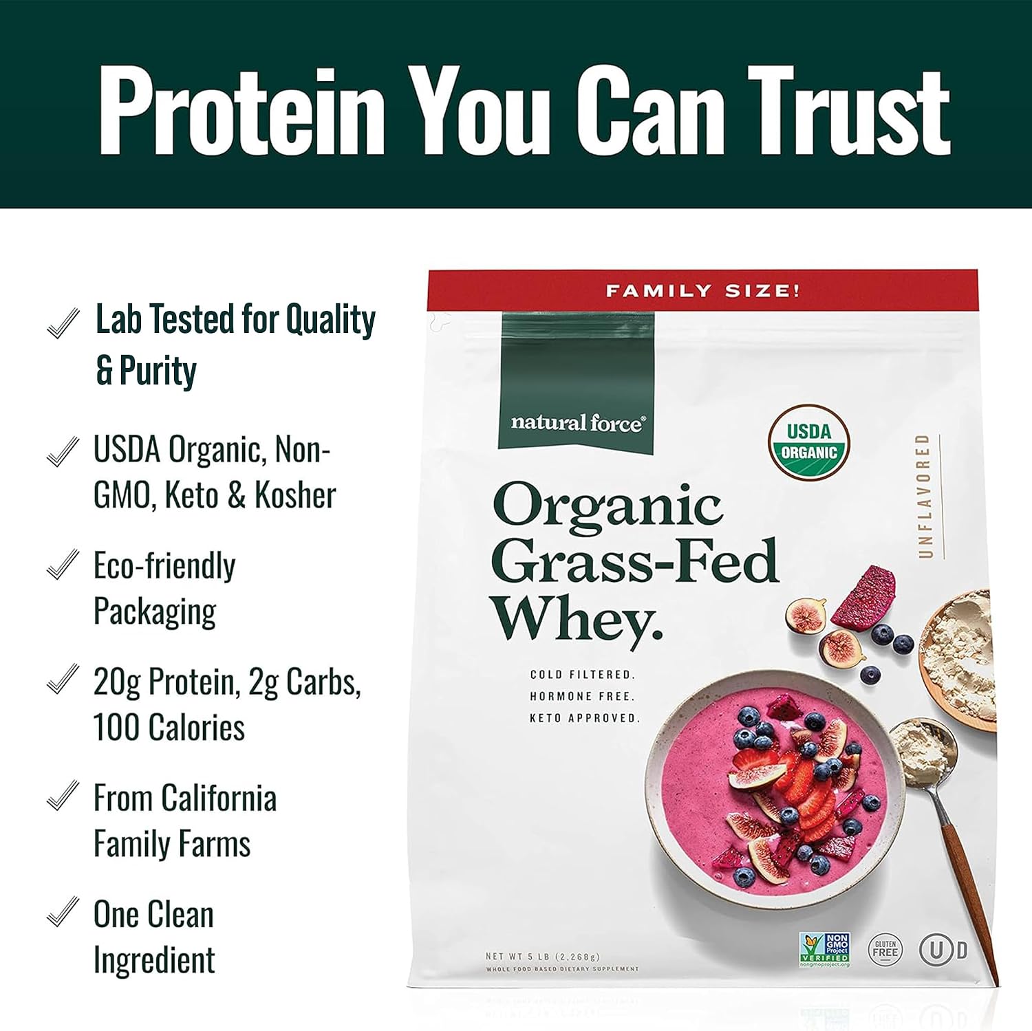 Natural Force Grass Fed Organic Whey Protein Powder – Non GMO Verified, Humane Certified & Lab Tested for Toxins – Real Vanilla Flavor – Keto Friendly, Low Carb, and Kosher - 16 Ounce A2 Protein