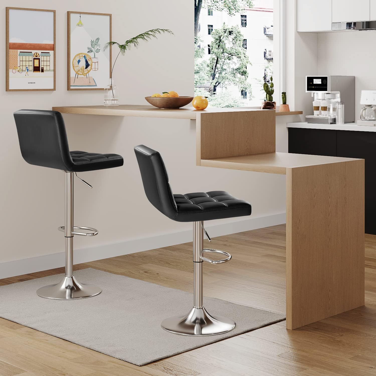 Furmax Bar Stools Modern Pu Leather Swivel Adjustable Hydraulic Bar Stool Square Counter Height Stool Set of 2 (White)