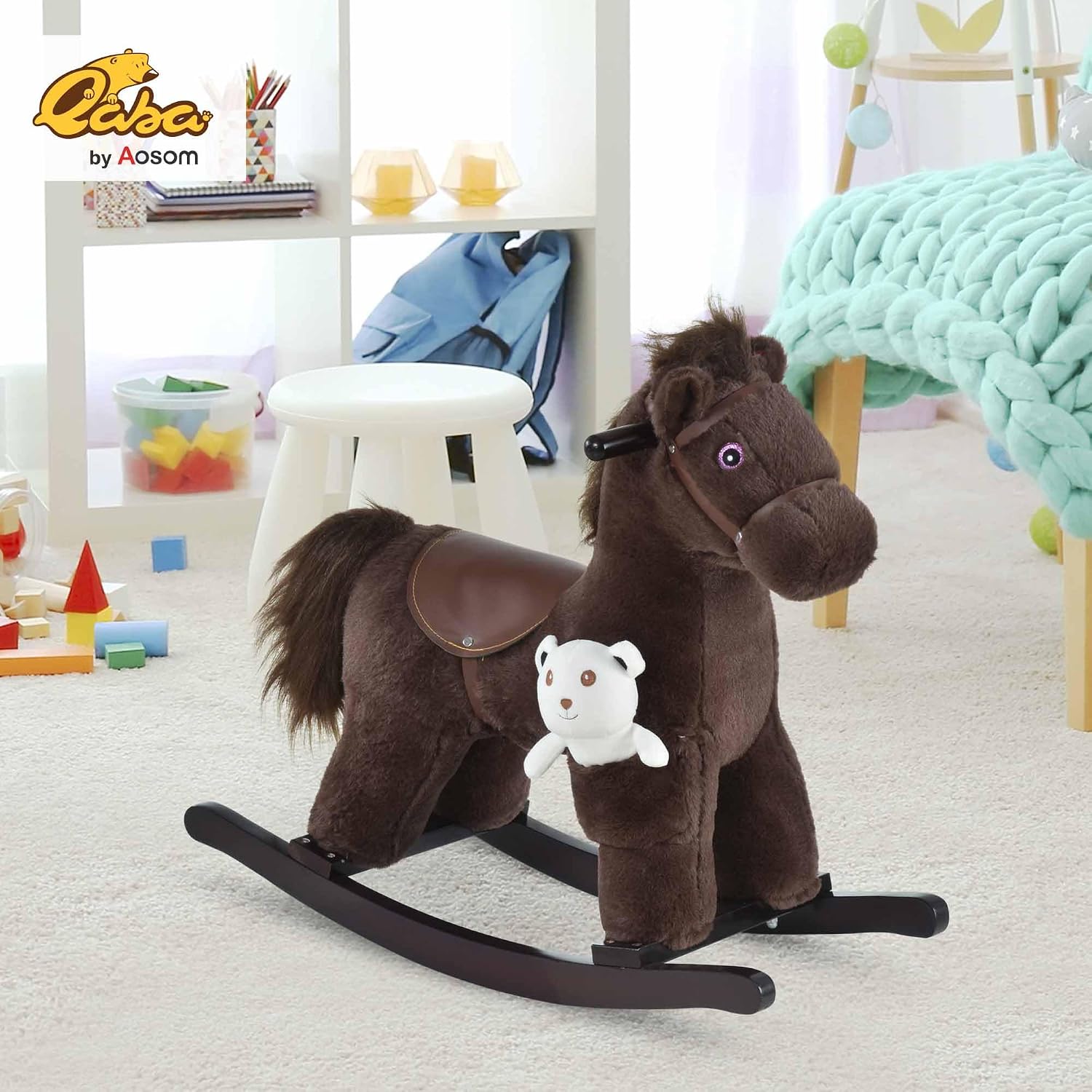 Qaba Kids Rocking Horse with Bear Toy Fun Realistic Sounds Toddler Blue