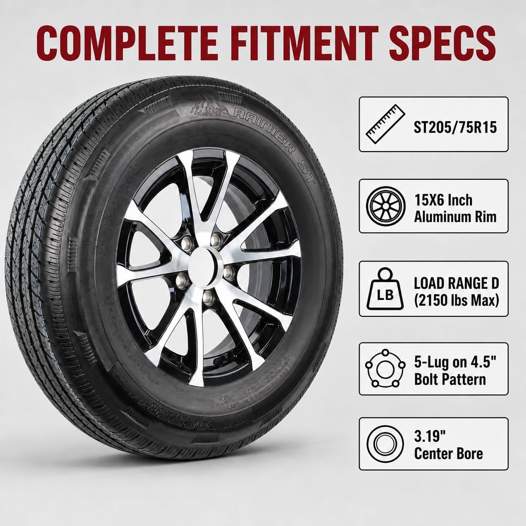 eCustomrim 2-Pack Radial Trailer Tire Rim Assembly ST205/75R15 5 Lug Black | 15 Inch Load Range D 8 Ply Tire With Curb Guard
