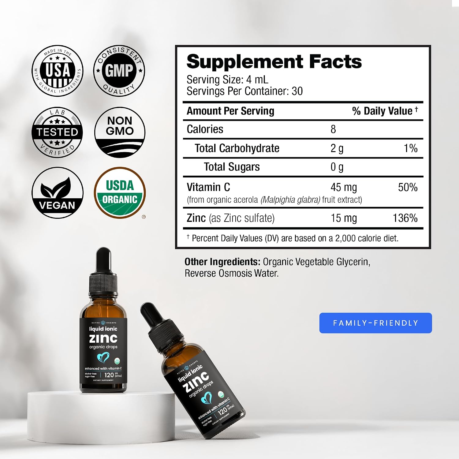 NutraChamps Liquid Zinc for Kids & Adults, Vegan, Pure Ionic Zinc Drops Enhanced with Vitamin C, Supplements for Immune Support