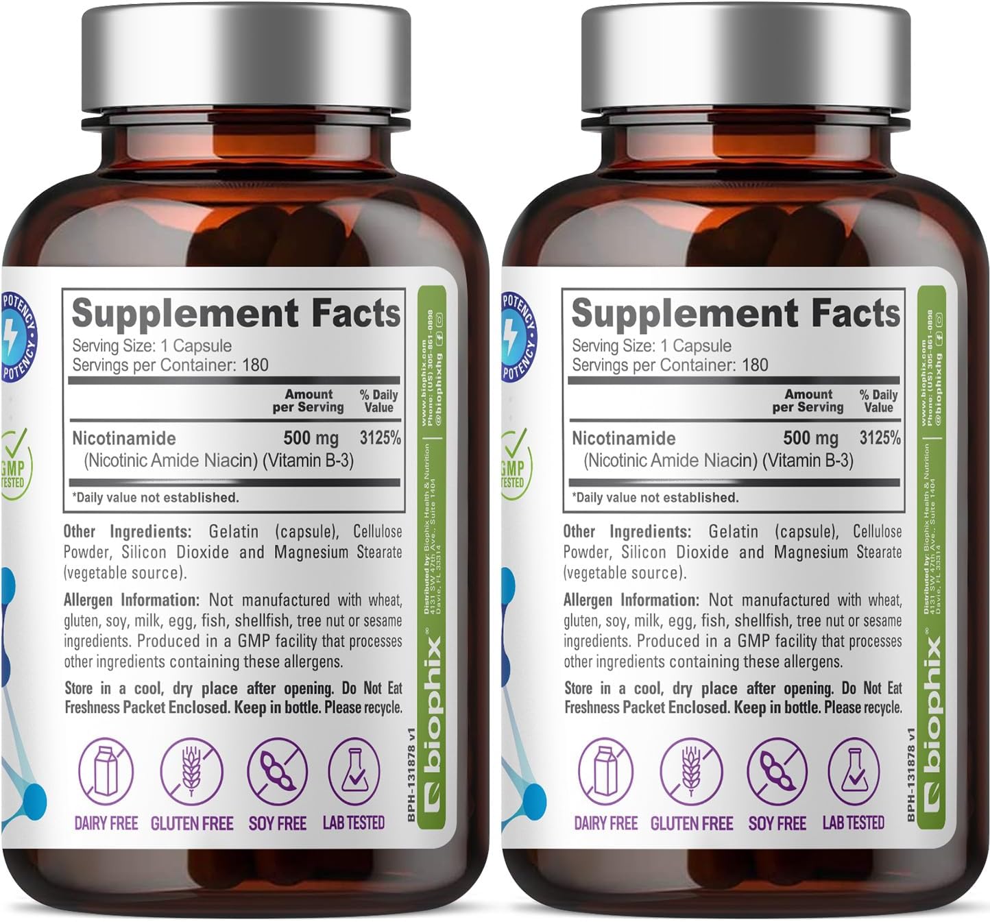 biophix B-3 Nicotinamide 500 mg 180 Caps - Nicotinic Amide Niacin Natural Flush-Free Vitamin Formula - Supports Skin Cell Health