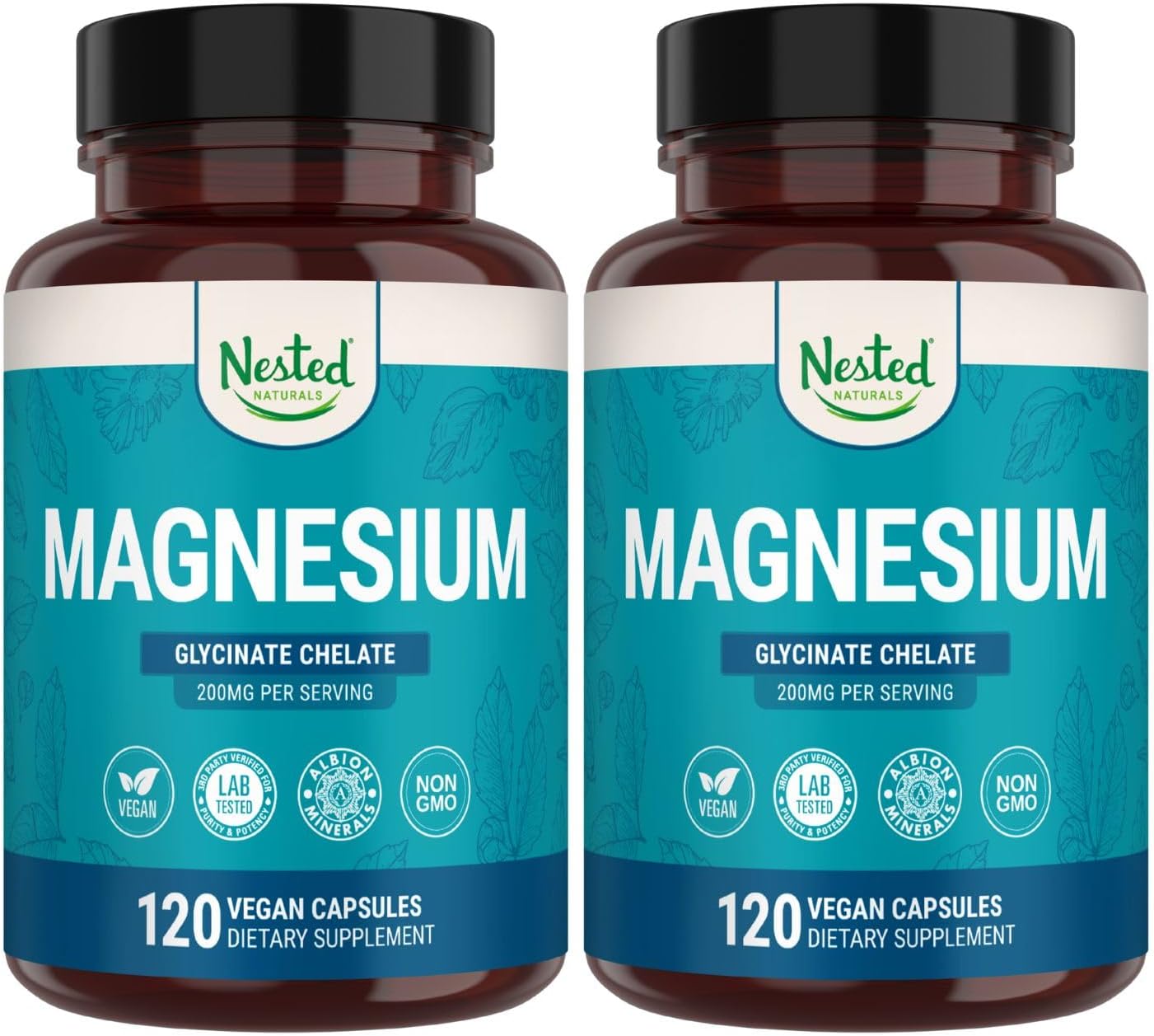 Nested Naturals Magnesium Glycinate Chelate - 200mg Chelated Magnesium Supplement for Muscle Cramps, Relaxation, & Sleep Support - 100% Albion TRACCS Buffered Magnesium Glycinate - 120 Vegan Capsules