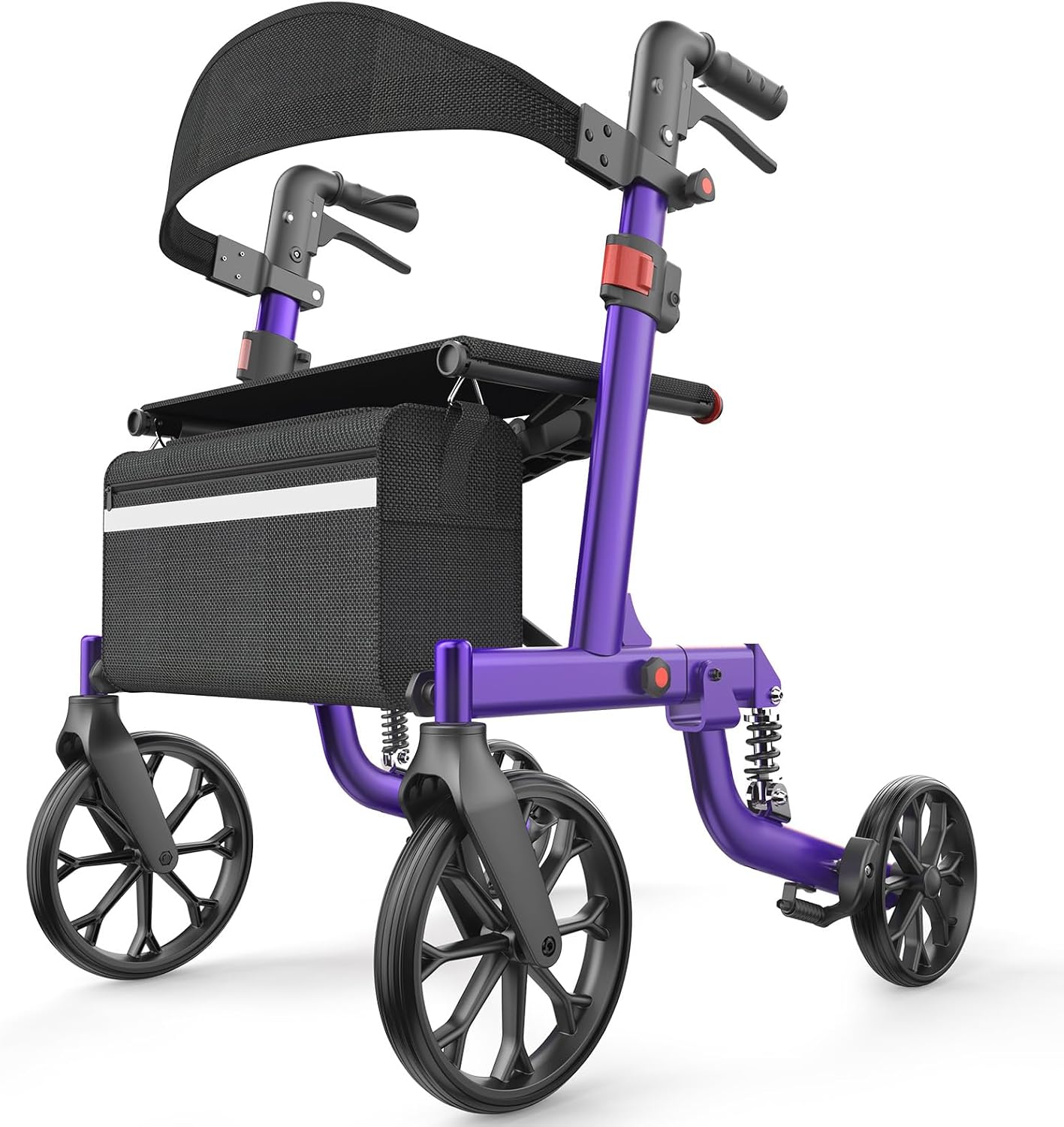 Foldable Rollator Walkers with Seat for Seniors, All Terrain Outdoor（Red | Patented Shock-Absorbing,Tool-Free Adjustment,350 lbs Capacity, 10″ Solid Wheels,16.3lbs Lightweight, Fit 61"-74" Tall User