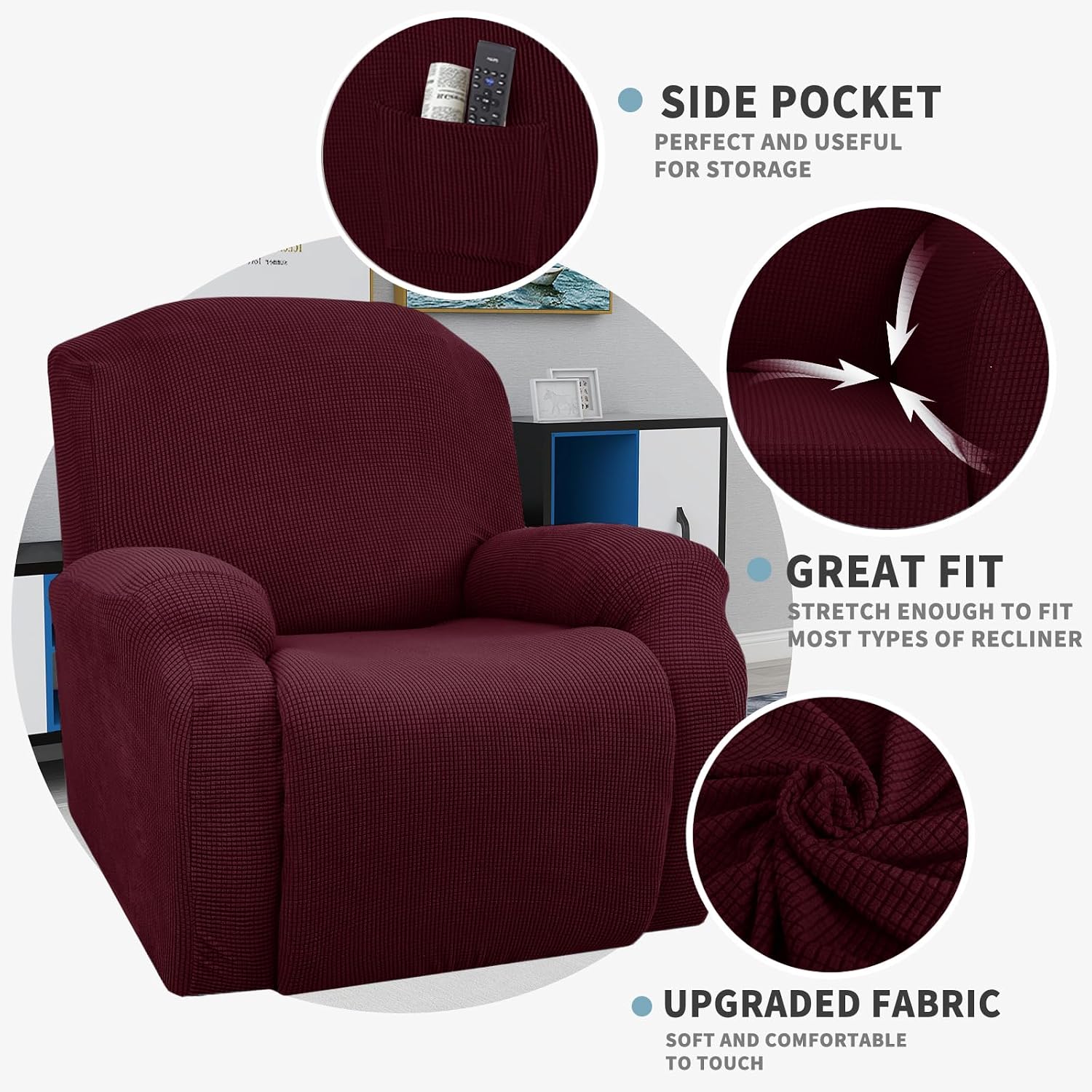 JIVINER Super Stretch Recliner Chair Covers 4 Pieces Sofa Slipcover for Reclining Chair Spandex Soft Recliner Slipcover with Pockets Recliner