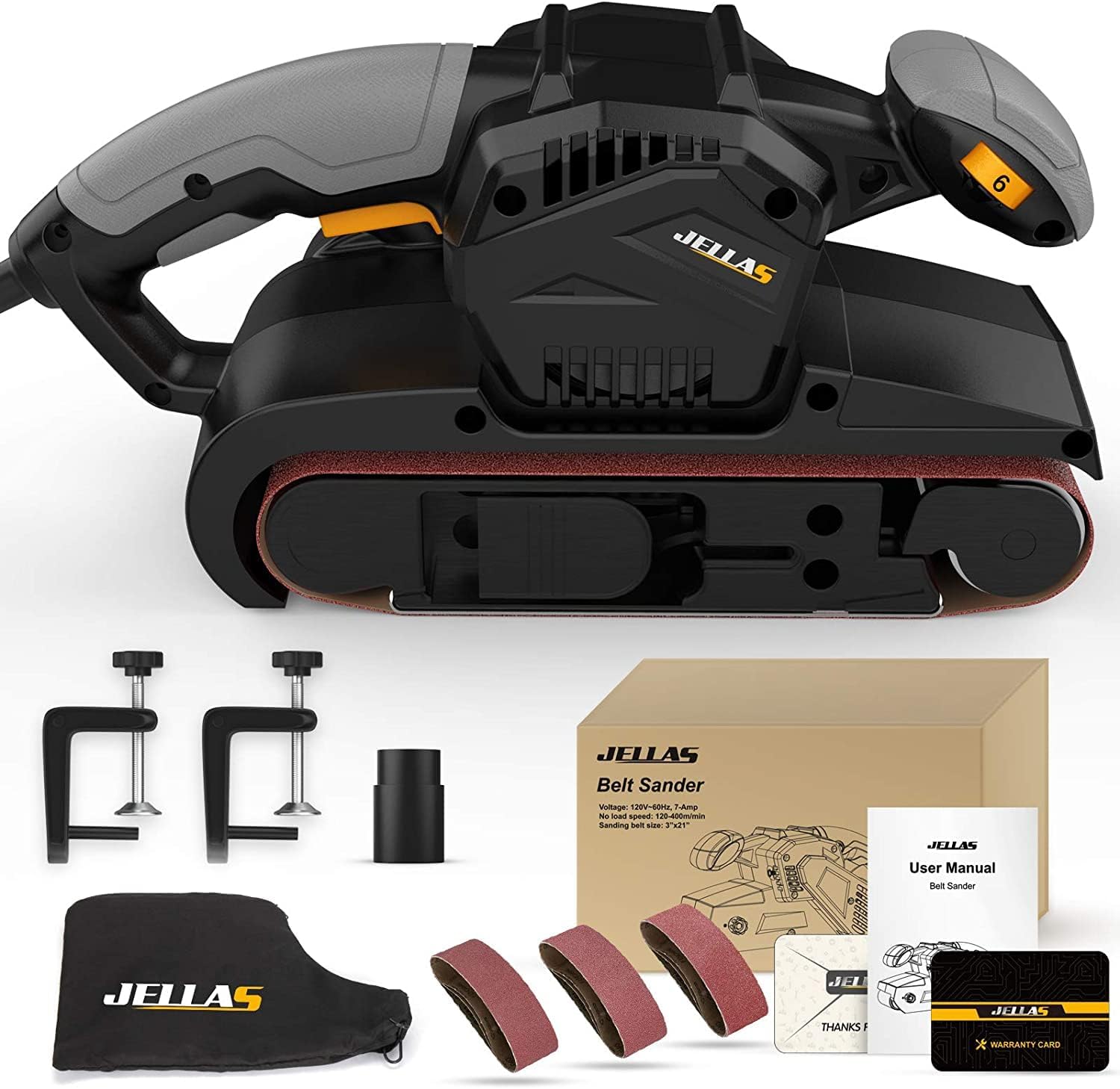 Jellas 7Amp Handheld Belt Sander, 3 21 Inch with Dust Bag for Woodworking | Variable Speed Control, 2-in-1 Vacuum Adapter, 10ft Power Cord
