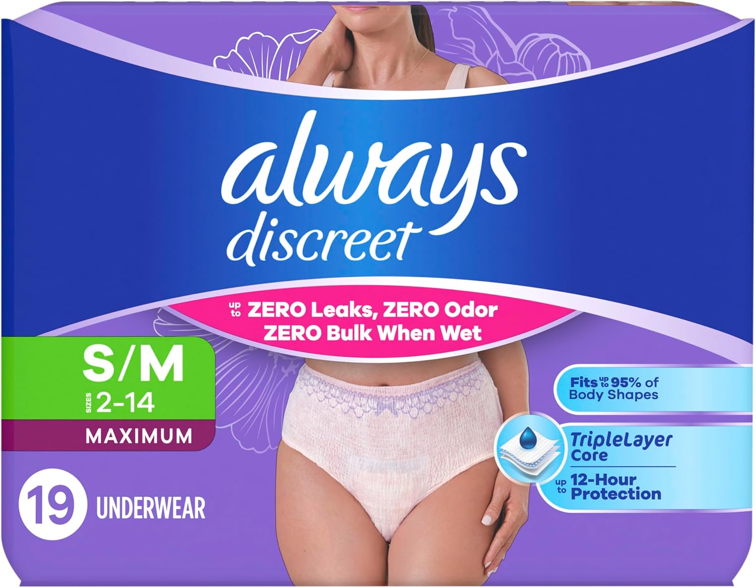 Always Discreet Adult Diapers for Women, Incontinence Underwear, Postpartum Essentials, Disposable Briefs, Max Absorbency, Bladder Leak Protection, Small/Medium, 32ct