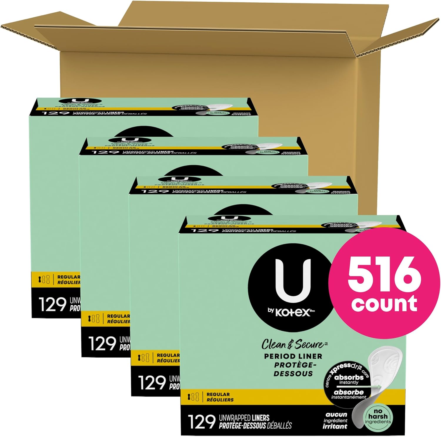 U by Kotex Clean & Secure Panty Liners, Light Absorbency, Regular Length, 516 Count (4 Packs of 129) (Packaging May Vary)