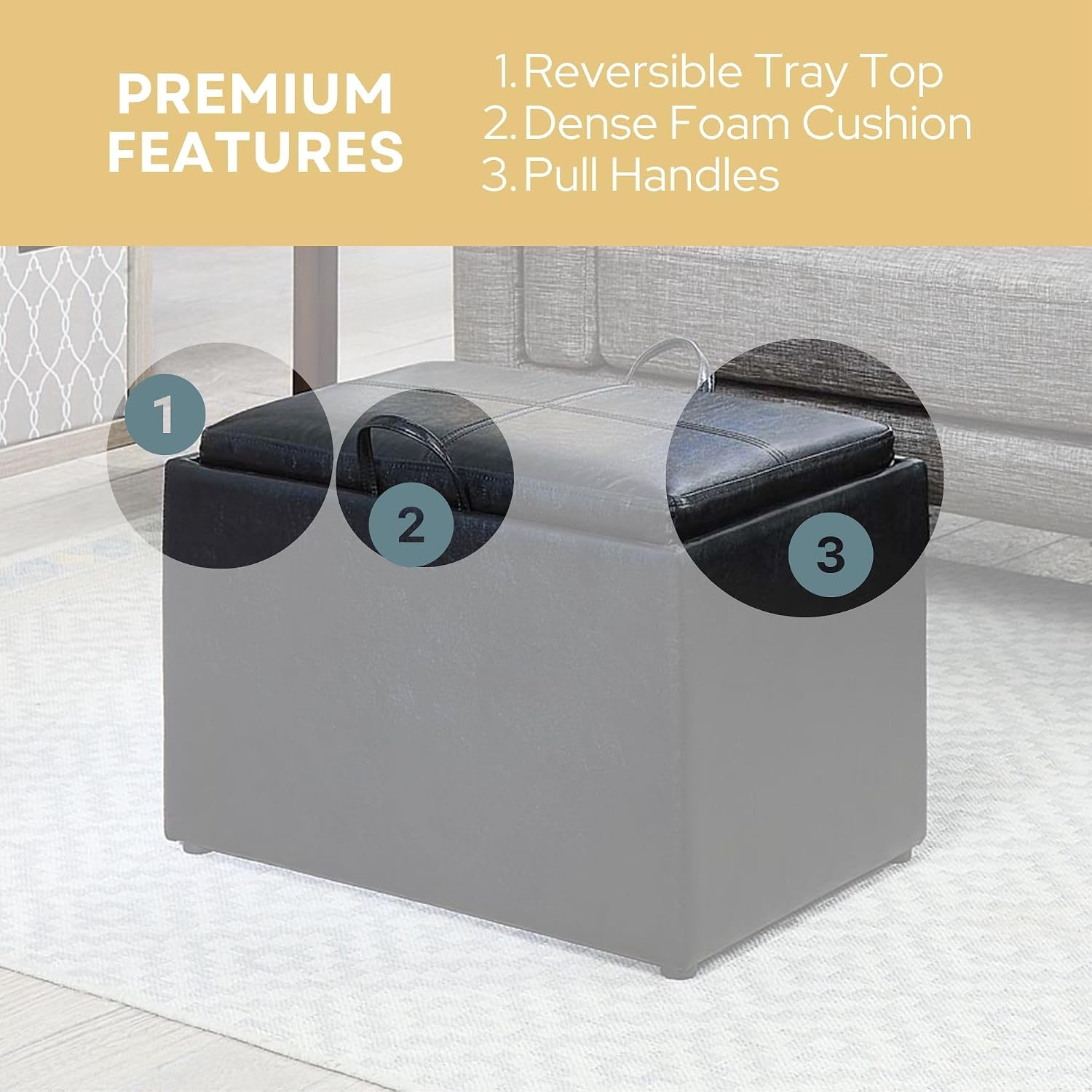Convenience Concepts Designs4Comfort Accent Storage Ottoman 22.75" - Modern Foot Stool with Decorative Tray for Living Room, Dining Room, Office, Blue Faux Leather