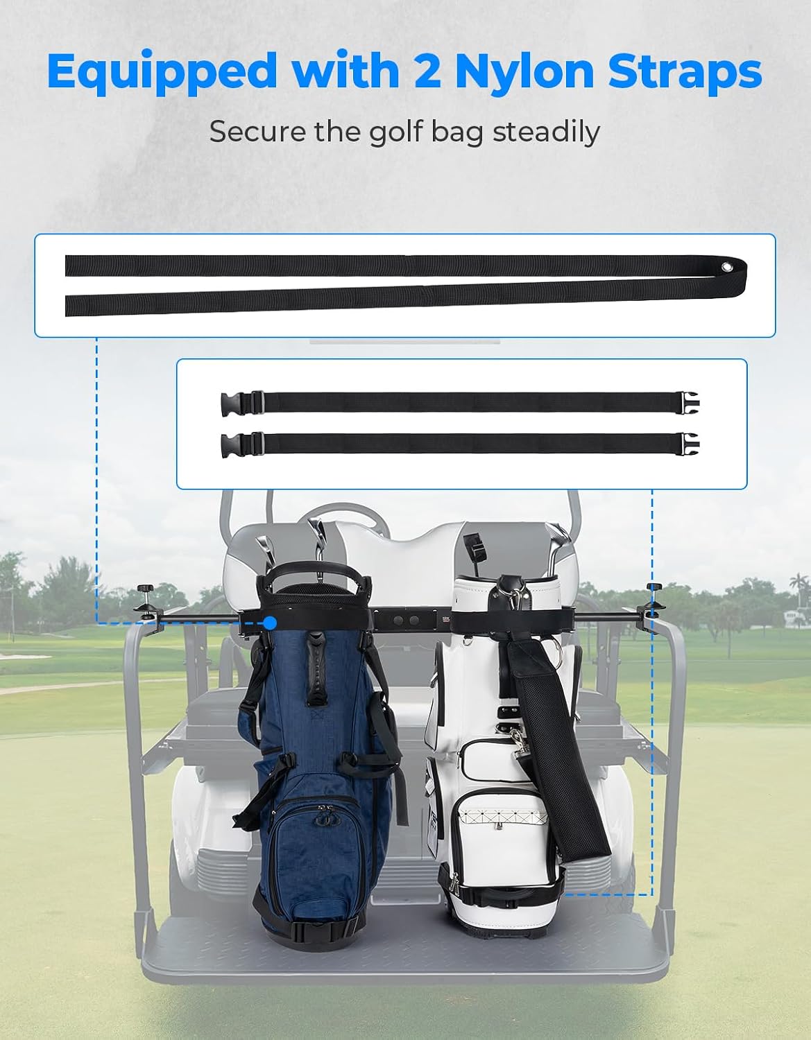 KEMIMOTO Golf Cart Bag Holder Bracket, Fit for Most 2+2 Seat Golf Carts | No Drilling Adjustable Metal Golf Cart Bag Attachment, Compatible with EZGO