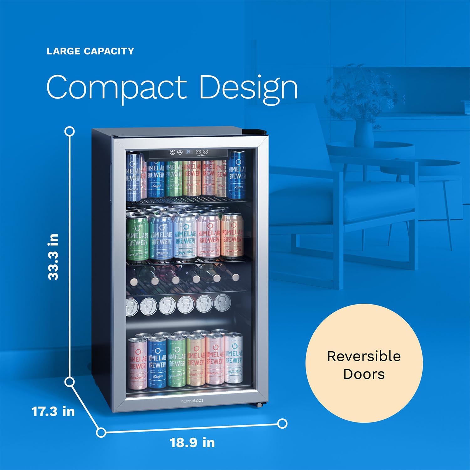 hOmeLabs Beverage Refrigerator and Cooler - Mini Fridge with Glass Door for Soda Beer or Wine - 120 Cans Capacity - Small Drink Dispenser Machine