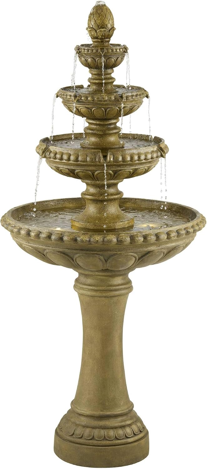 Sag Harbor 66" High Stone 4-Tier LED Outdoor Floor Large Fountain | Italian Decor Sand with Light Waterfall Standing Basin Water Feature for Outside