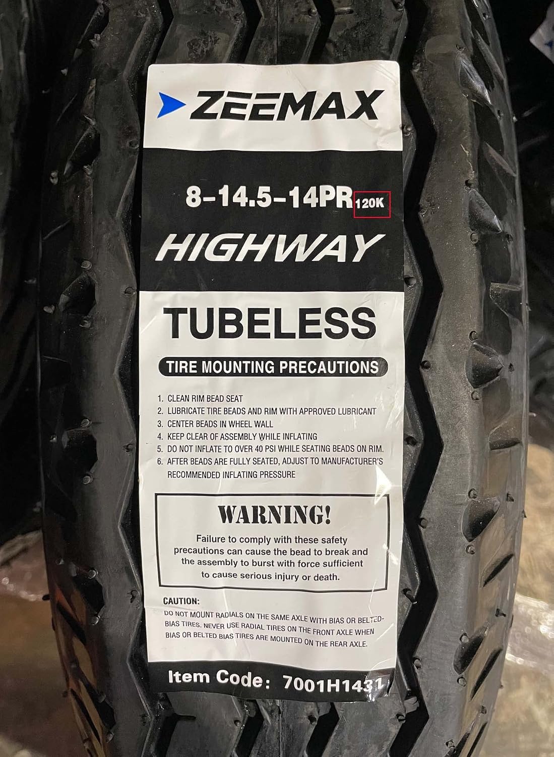 Zeemax TRUE Highway Trailer Tire 8-14.5 14Ply LR G Speed Rate K 68mph- Set4 | Load Range G
