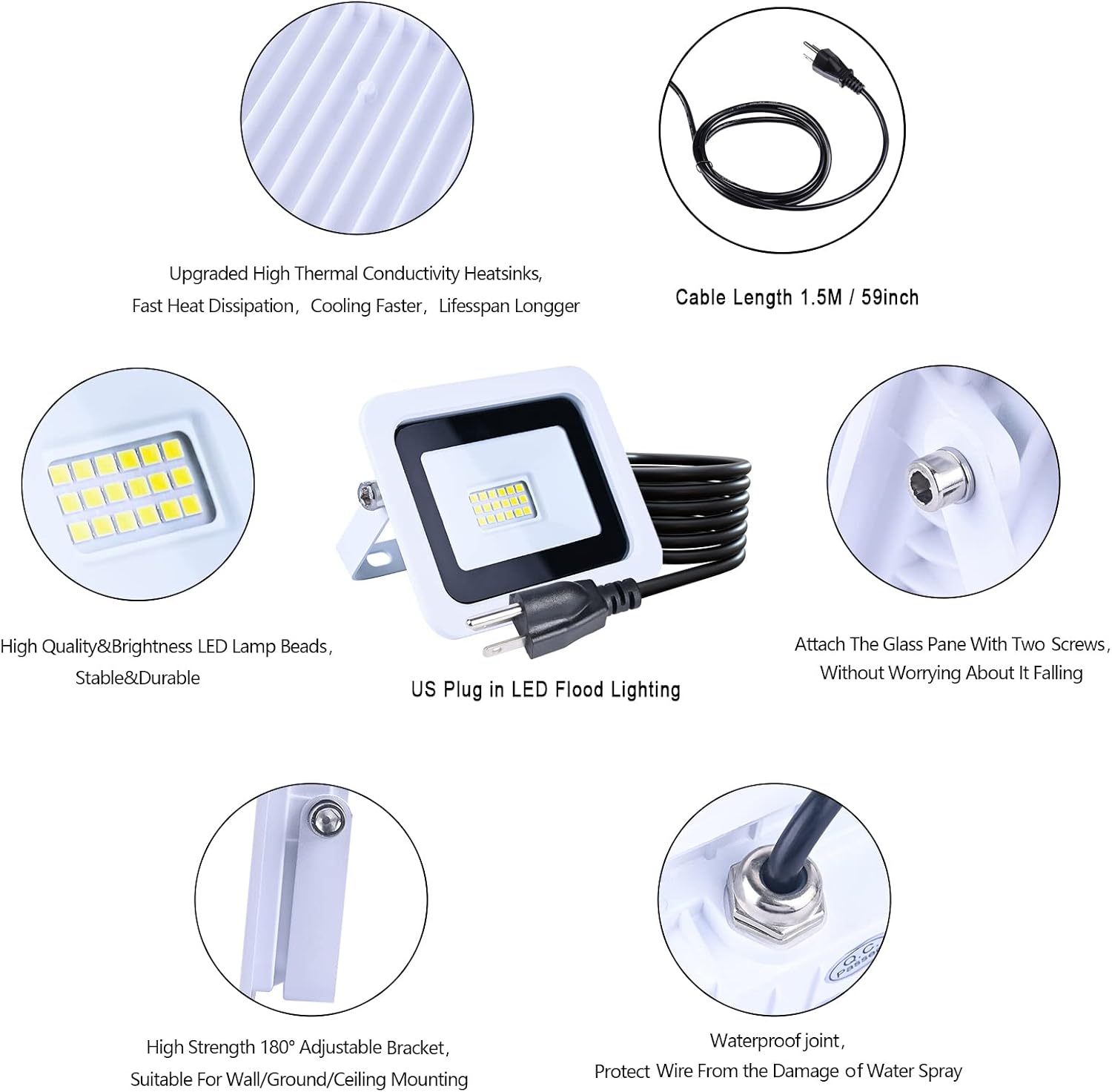 MIWAT 20W 2Pack LED Flood Light, White LED Work Light with Plug