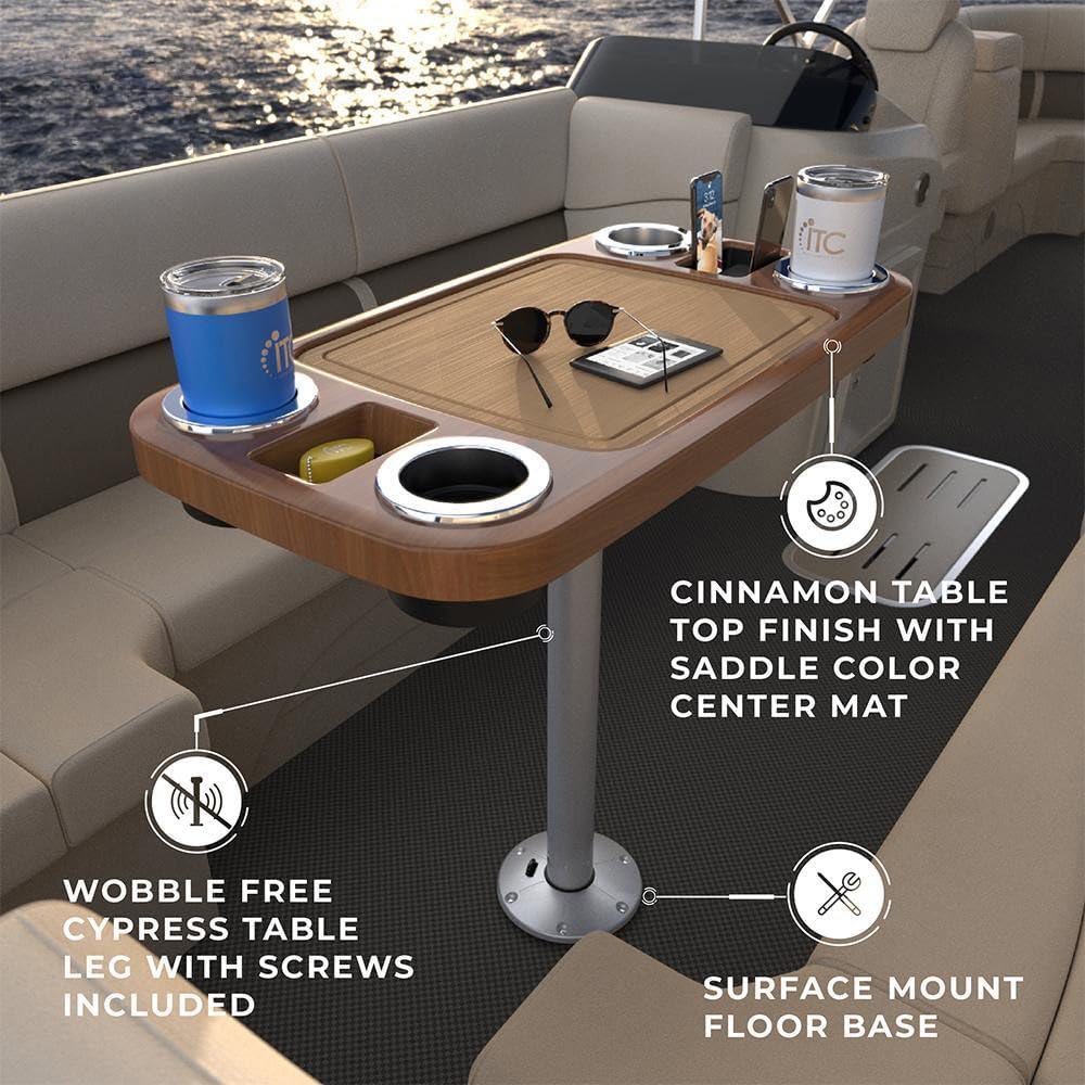 Manufacturers' Select ITC Boat Table Set - 18"x34" Removable Pontoon Boat Table with Center Non-Slip Mat, Pedestal Leg, 4 Drink Holders