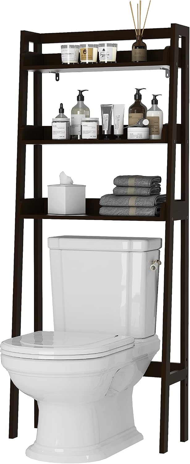 UTEX Over The Toilet Storage Shelf, 3-Tier Bathroom Organizer, White | FSC-Certified MDF, Open Ladder Design, Adjustable Lower Crossbar, Anti-tip Hardware, 33-Inch Clearance, Raised Side Guards