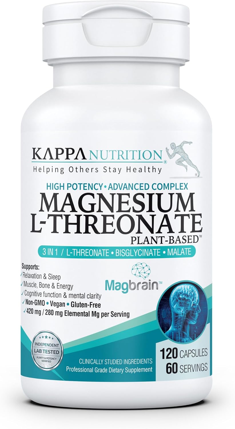 Kappa Nutrition Powered by Magbrain™ Magnesium L-Threonate Plant-Based, 420mg Elemental Magnesium (3 Capsules) from 2, 253mg, 120 Vegan Capsules