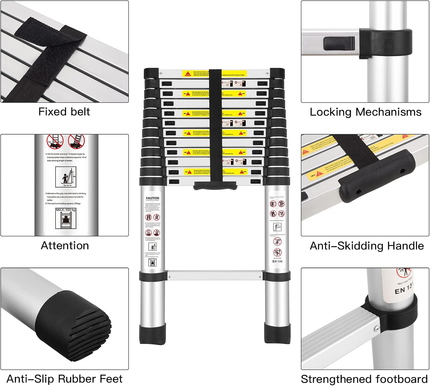 Yami 8.5FT Telescoping Ladders, EN131 Standards Aluminum Extension Ladder