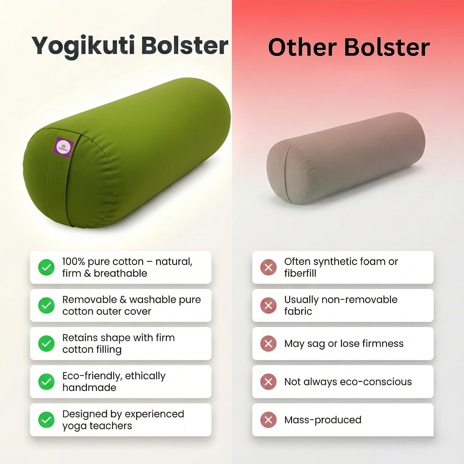 Yogikuti Iyengar Yoga Bolster for Restorative Yoga and Meditation – Lightweight Cotton Support Pillow with Handle for Easy Carry