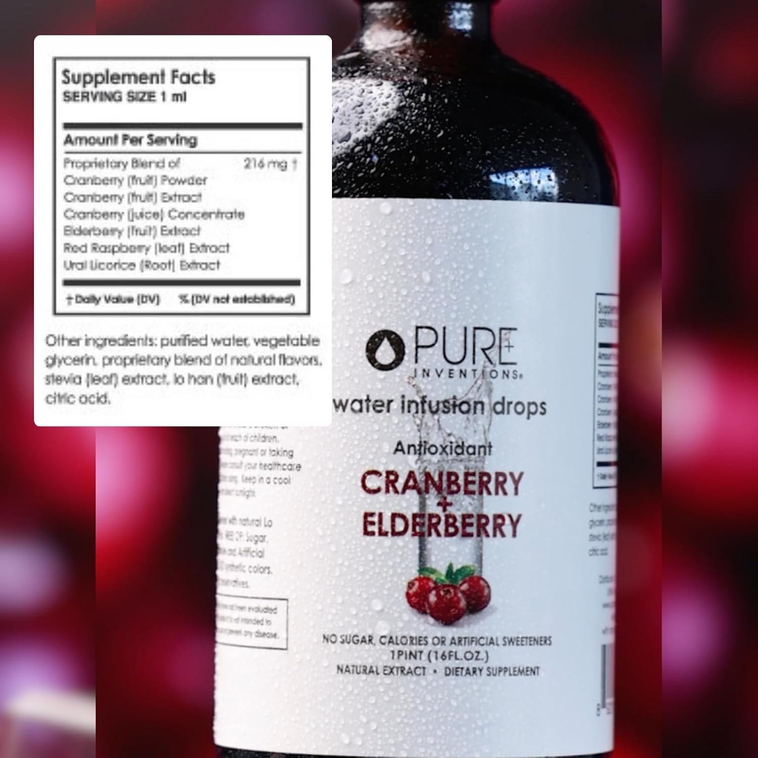 Pure Inventions Water Enhancer Drops - Refreshing and Delicious - Antioxidants, Electrolytes - No Sugar, Calories, or Artificial Sweeteners - Cranberry and Elderberry (60 Servings)