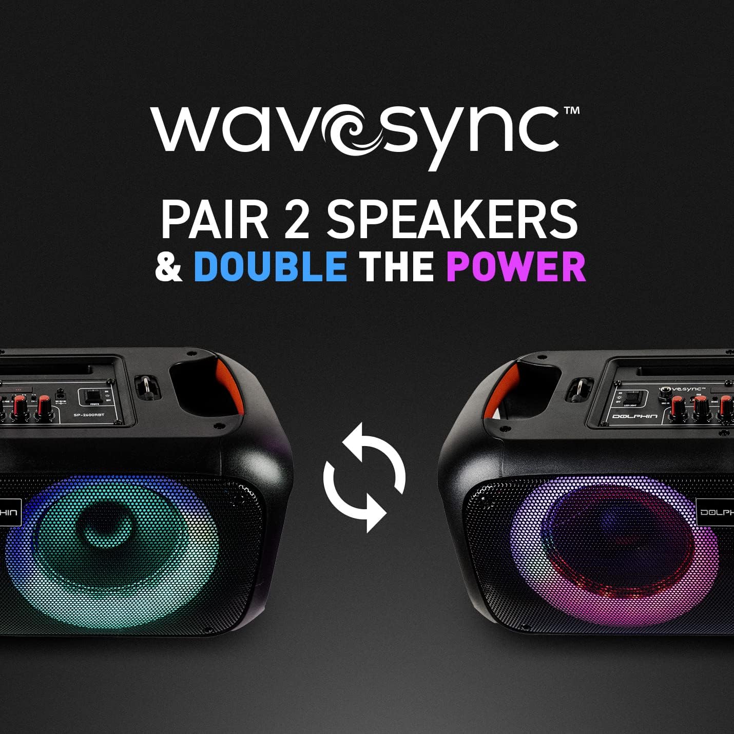 Dolphin Boombox Bluetooth Party Speaker with Wired Mic, Dual 6.5" Woofers | 1" Tweeter, WaveSync Pairing, LED Lights, USB/microSD/FM/AUX