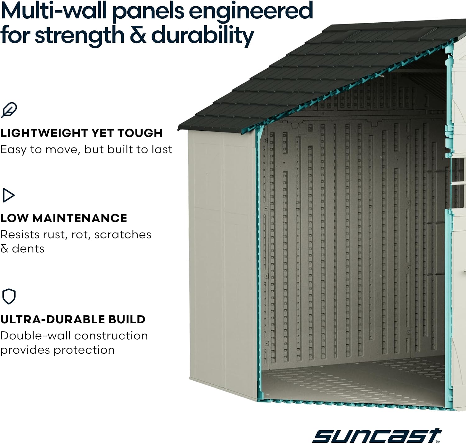 Suncast 8x7 Ft. Outdoor Storage Shed - Large Resin Shed with Floor, Lockable Double Doors