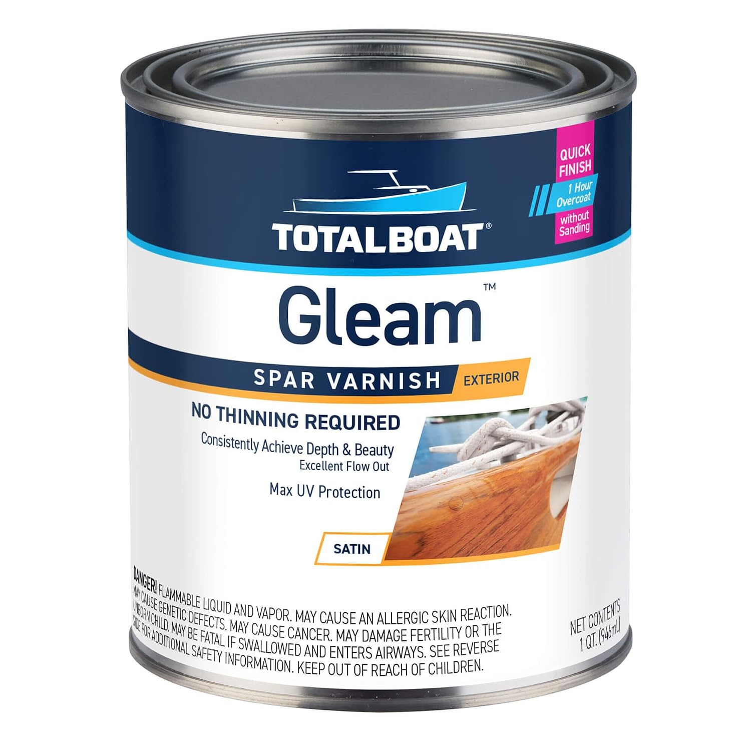 TotalBoat Gleam Marine Spar Varnish for Boats & Outdoor Wood - Satin Quart | Oil-Based Polyurethane Finish; No Thinning; UV Inhibitors; Wooden Boats, Yacht Brightwork, Furniture & Interior/Exterior Wood