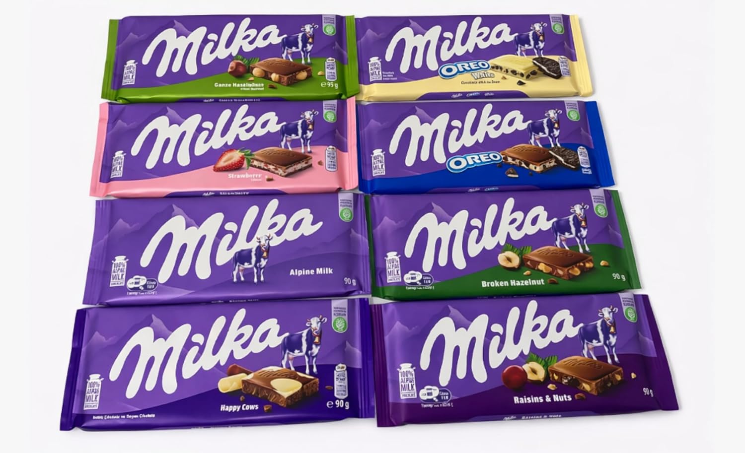 Milka European Chocolate Bars Variety Pack of 8 Full Size Bars, No Duplicate Chocolate