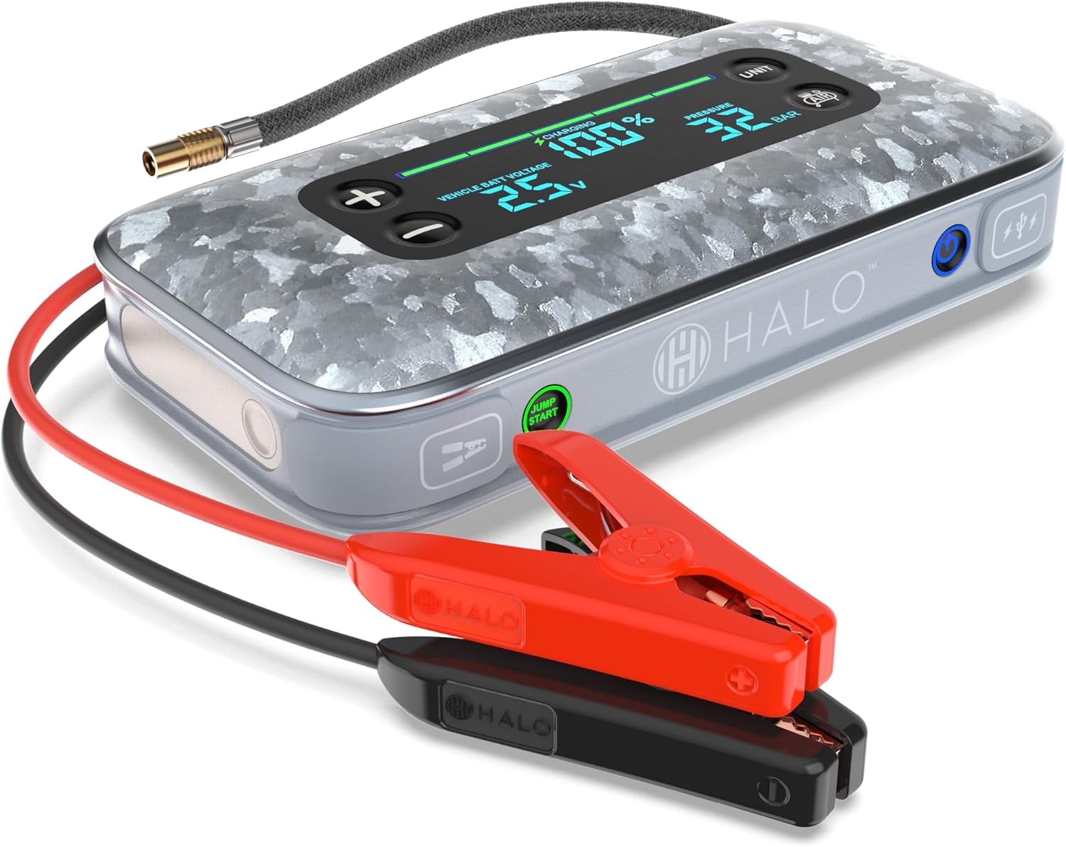 HALO BOLT AIR+ 1750A Jump Starter, AIR Compressor, Power Bank, Blue | 130 PSI air compressor, 59.9Wh power bank, large display, LED light. Jumps cars, SUVs & trucks