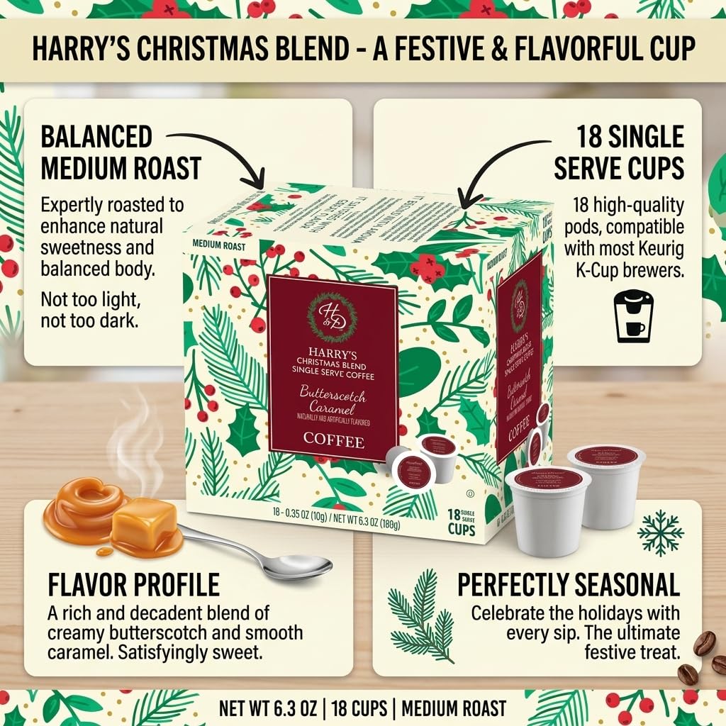 Harry & David Christmas Blend Coffee - Butterscotch & Caramel Coffee - 18 Single Serve Cups