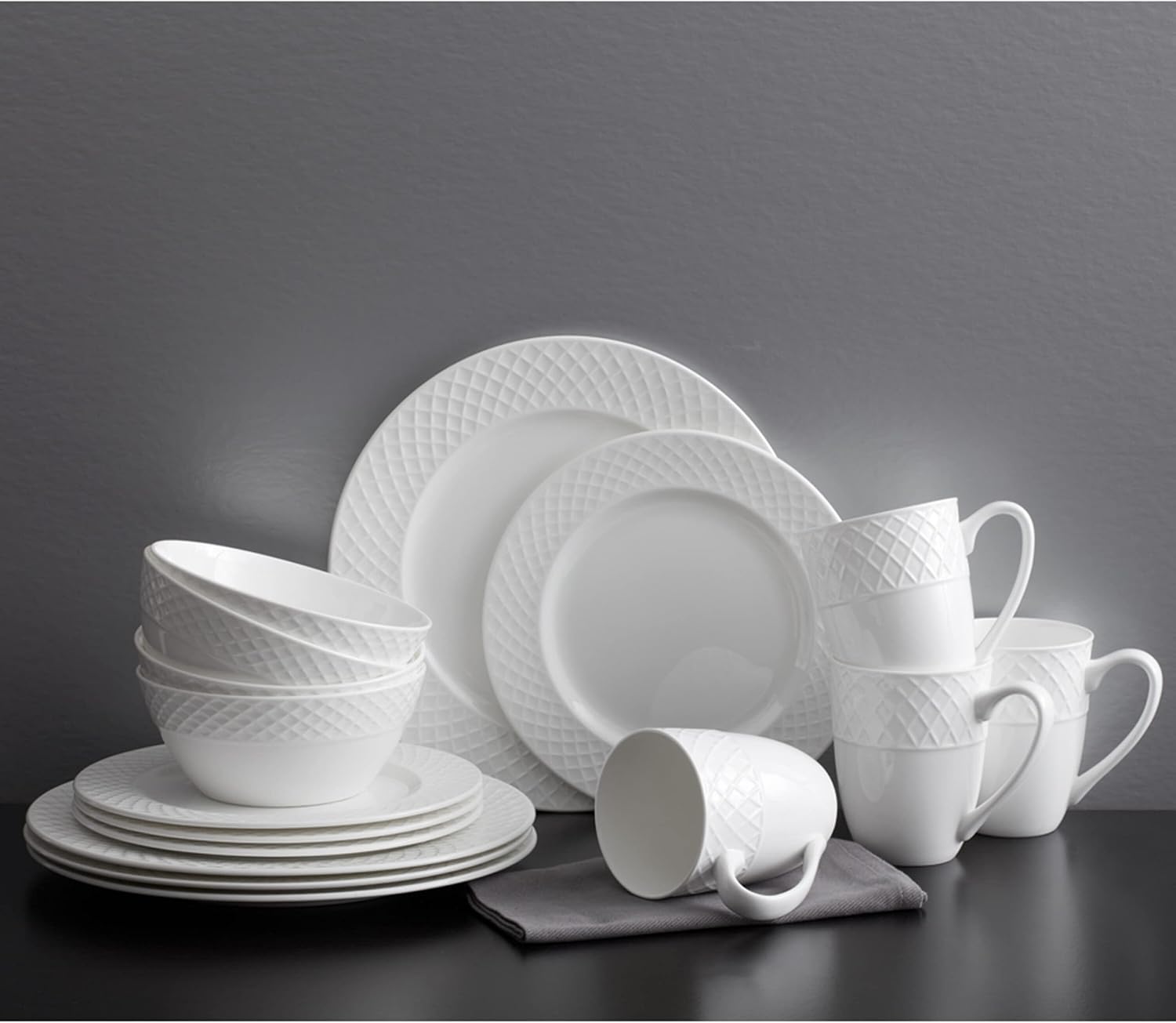 Mikasa Trellis 16-Piece Bone China Dinnerware Set, White, Includes Dinner Plates, Salad Plates, Cereal Bowls and Mugs, Dishwasher Safe