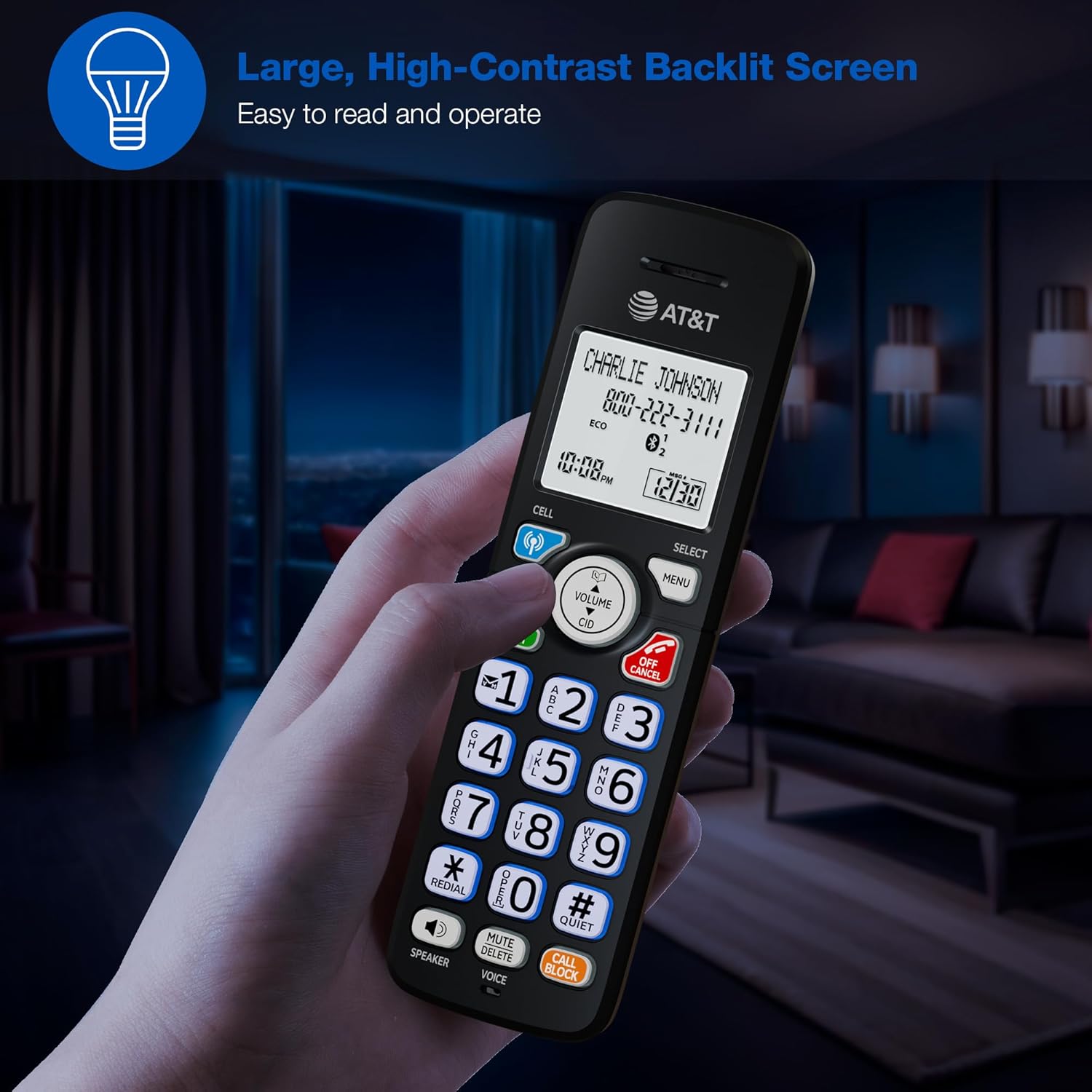AT&T DL72219 DECT 6.0 2-Handset Cordless Phone for Home with Connect to Cell, Call Blocking, 1.8" Backlit Screen, Big Buttons, intercom
