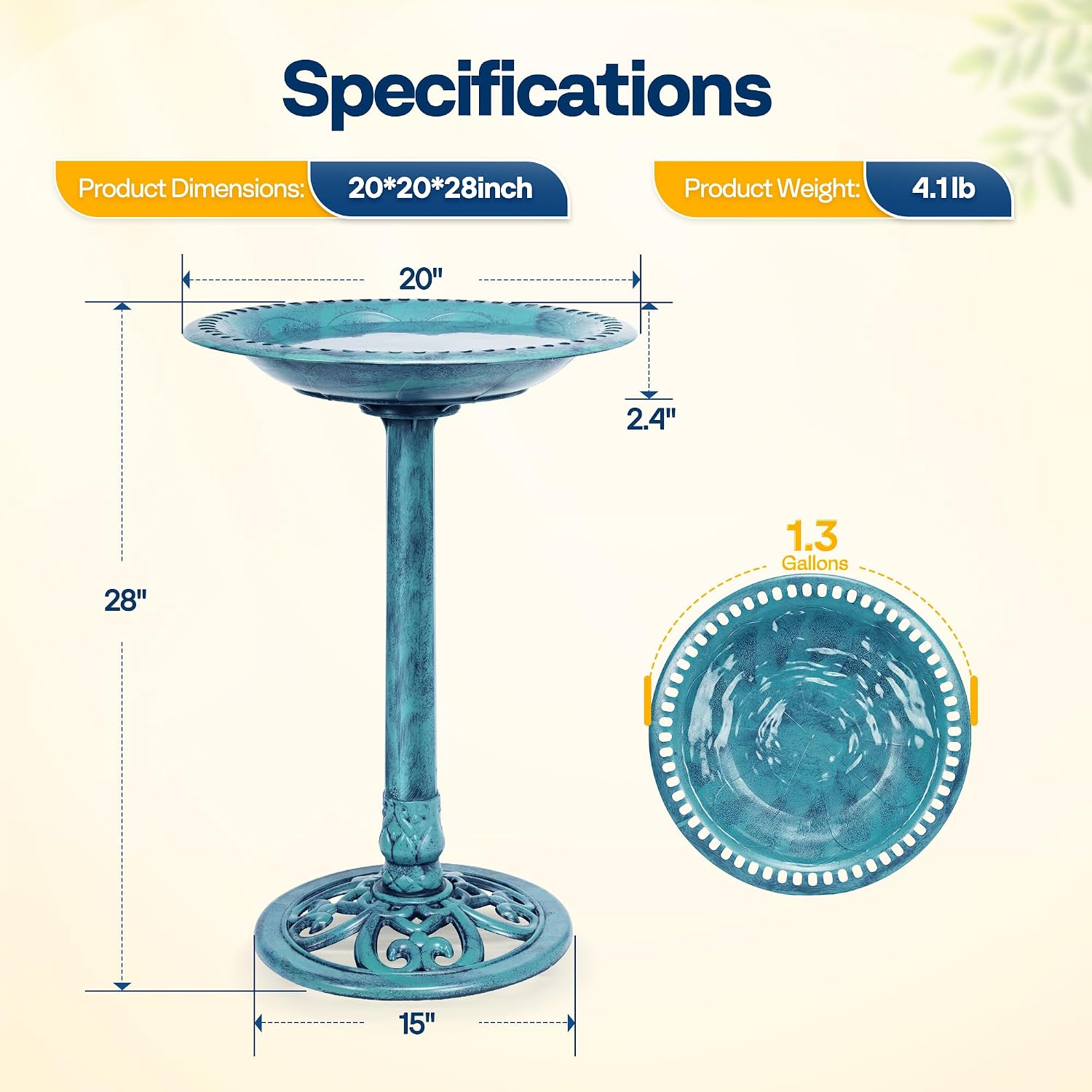 VIVOHOME Bird Bath for Outside, Polyresin Pedestal Birdbath, Green | Weather-Resistant, 20-Inch Bowl, 28-Inch Height, for Outdoor/Garden, Bird-Friendly, Easy to Clean