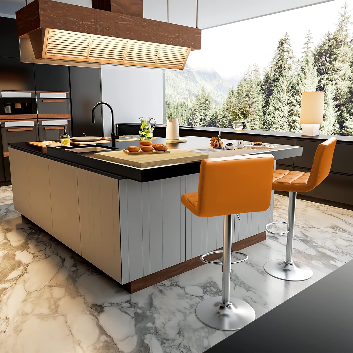 Homall Bar Stools Modern PU Leather Adjustable Swivel Barstools, Armless Hydraulic Kitchen Counter Bar Stool Extra Height Square Island Barstool with Back Set of 2 (Leather, White)