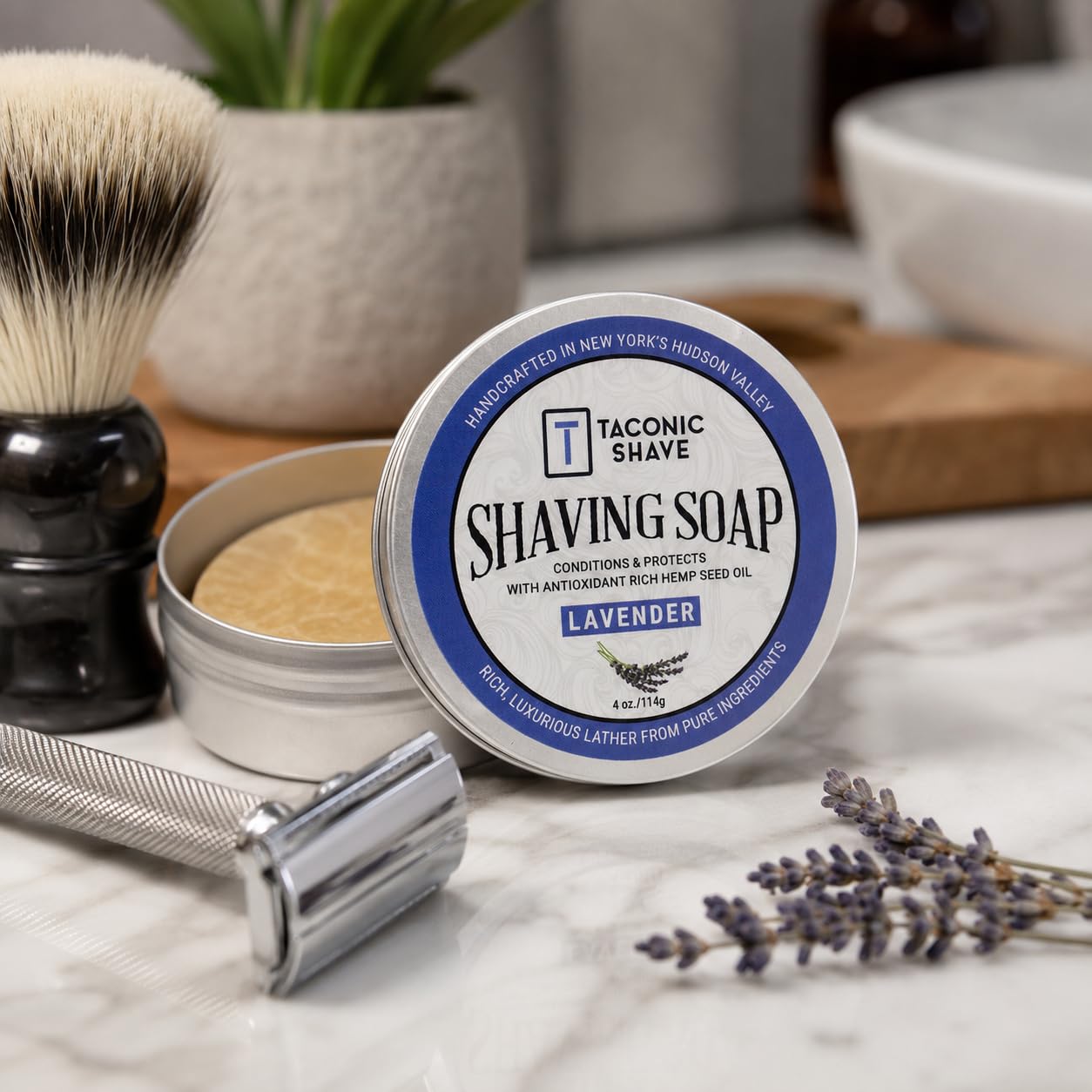 Taconic Lavender Natural Shaving Soap Puck, Rich Lather | Calming lavender aroma pairs with moisturizing natural oils to build rich protective lather for a comfortable wet shave.