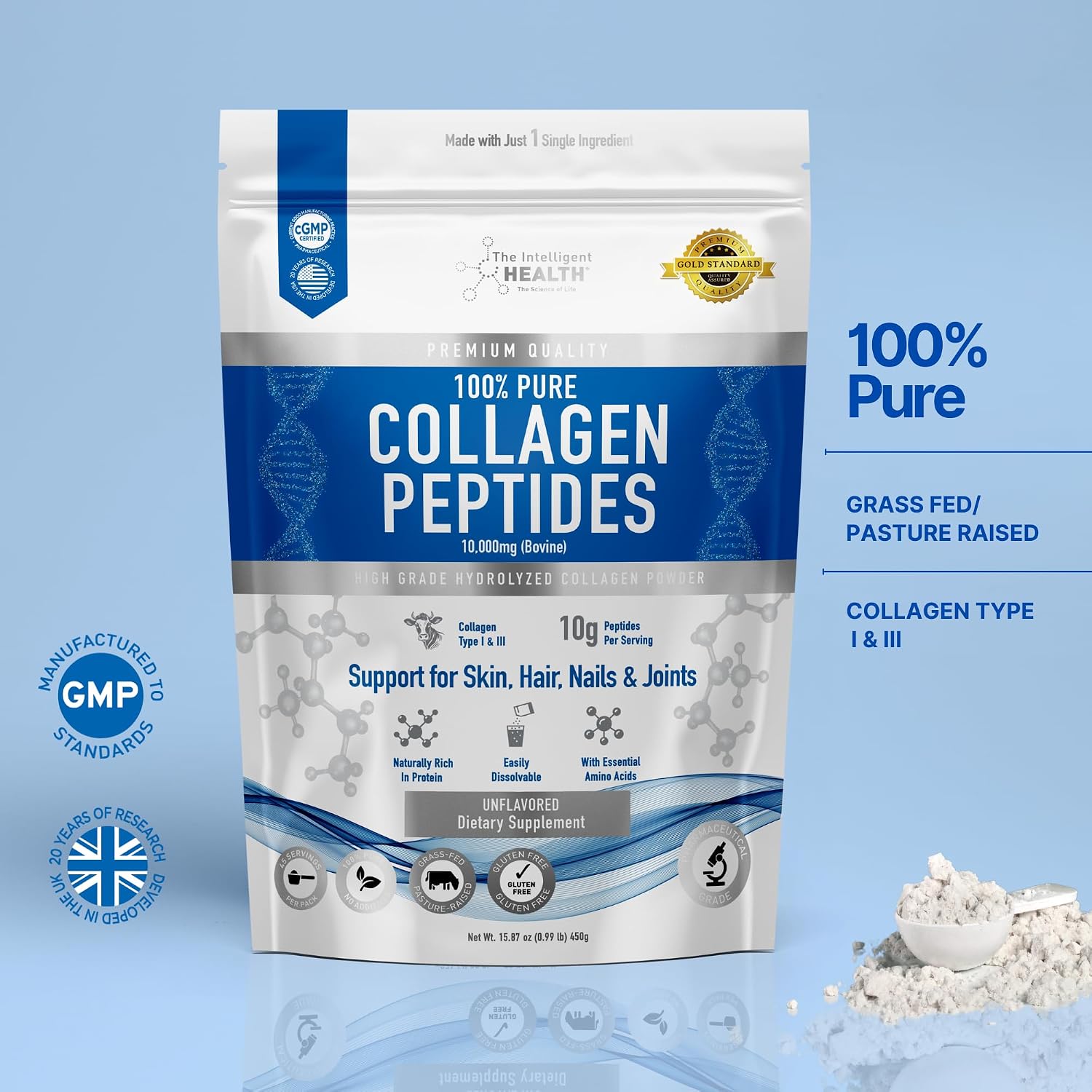 Collagen Peptides Powder, Hydrolyzed Collagen, Type I & III, 45 Servings | Grass Fed, Unflavored, Gluten Free, Keto/Paleo, Skin Support, Hair, Nail, Joints, 10g Servings, 15.9 Oz