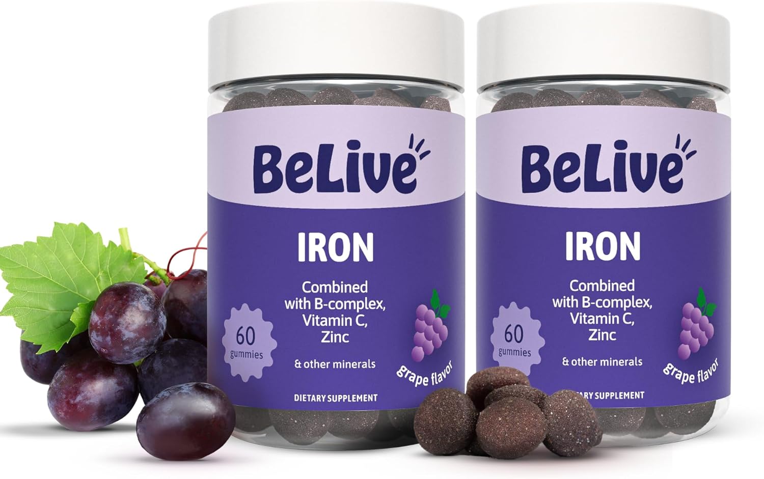 Belive Iron Gummies, Multivitamin Supplement, Blood Oxygen Support, 60 Ct | With Vitamin C, B Complex, Folate, and Zinc for Women, Men & Kids for Growth and Development, Grape Flavor