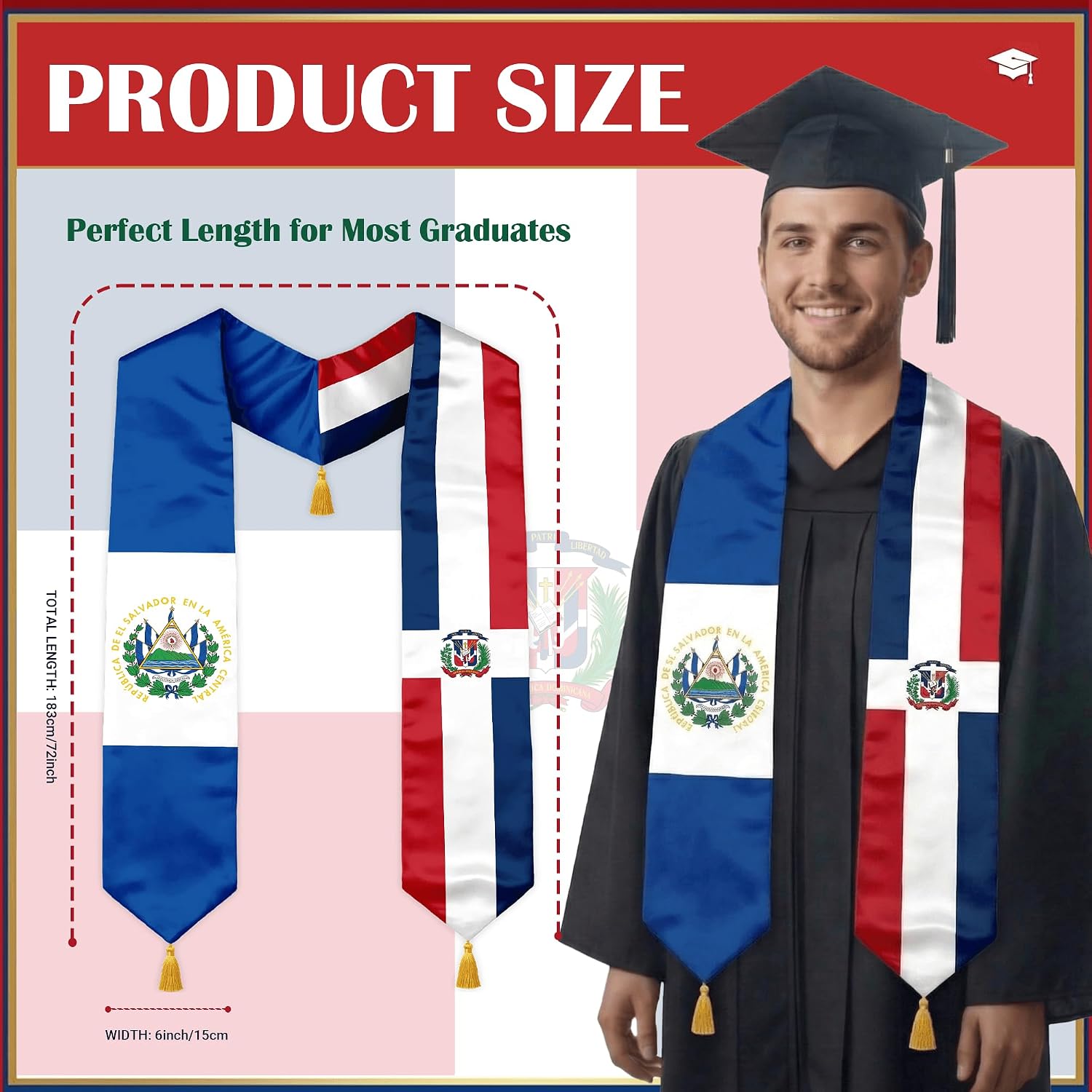 Class of 2026 Dual Flag Graduation Stole with Gold Tassels, Half and Half Country Flag Satin Sash, V-Neck
