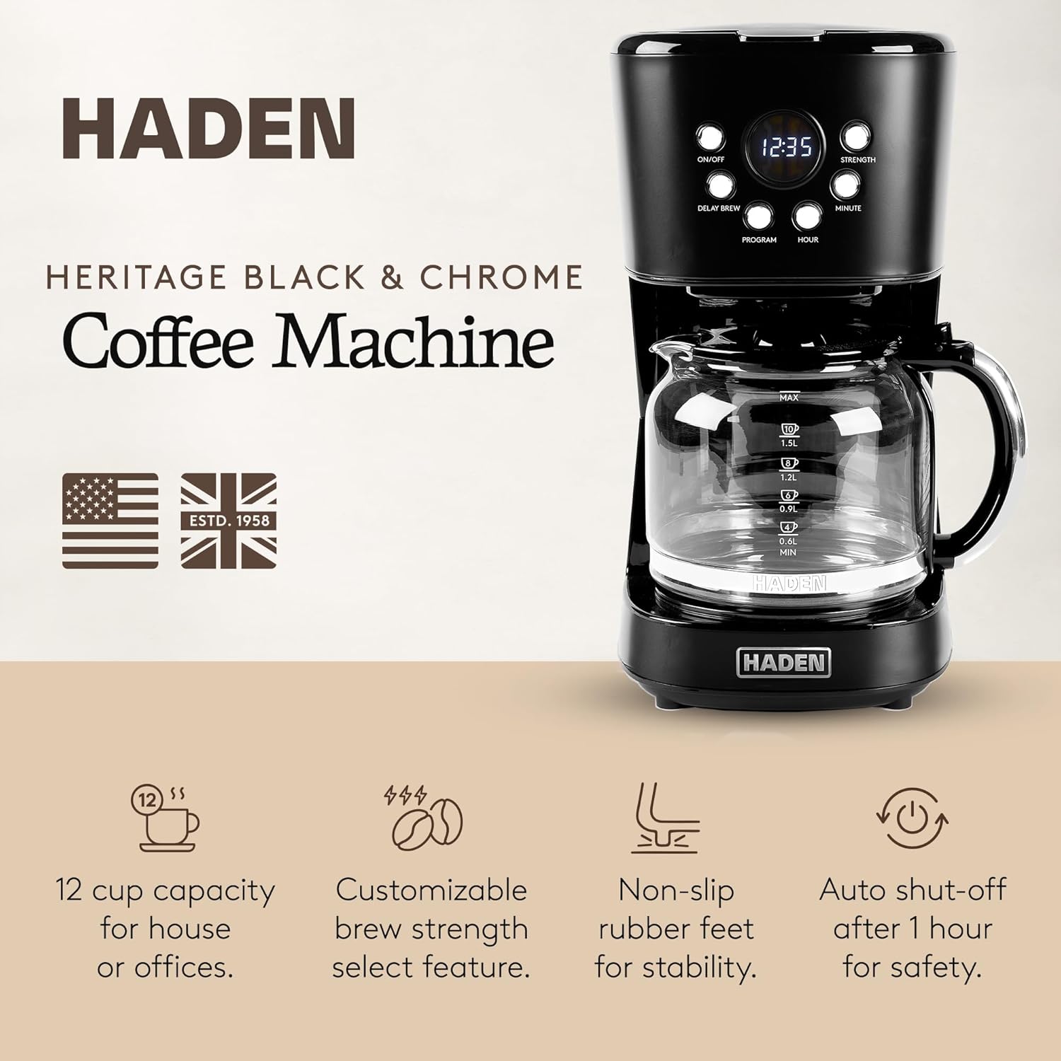 HADEN 12-Cup Programmable Coffee Maker for Home or Office, Putty & Chrome – Drip Brewer Machine with Brew Strength, Delay Brewing