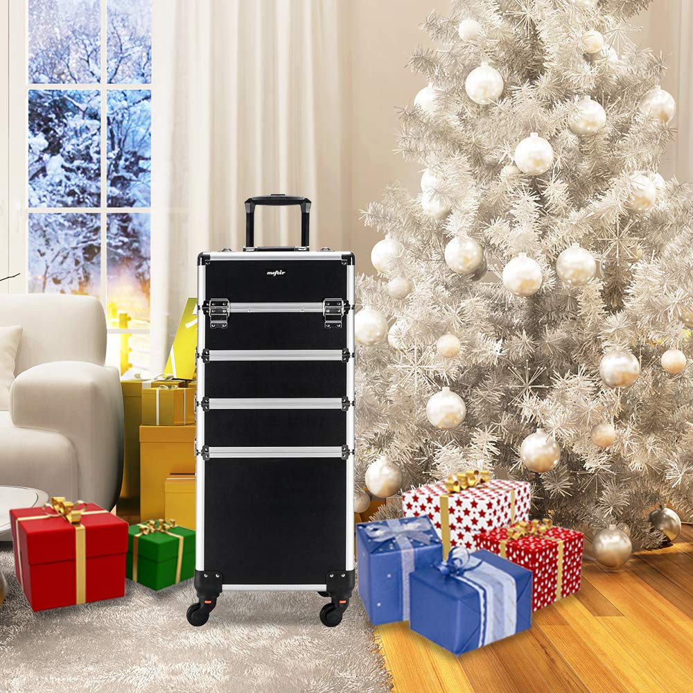 mefeir 4 in 1 Rolling Makeup Train Case, Aluminum Makeup Travel Organizer Cosmetic Case, Cosmetology Display Suitcase on Wheels, Beauty Storage Luggage Lockable w/4 Removable Wheels (Black)