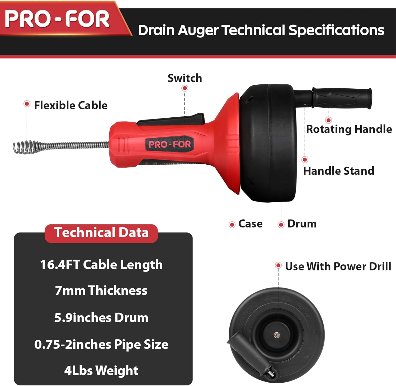 Drain Auger, 16.4FT Plumbing Snake Drain Clog Remover, Manual & Drill Powered Drain Snake for 0.75–2 Inch Pipes, Sink, Shower, Bathtub, Toilet