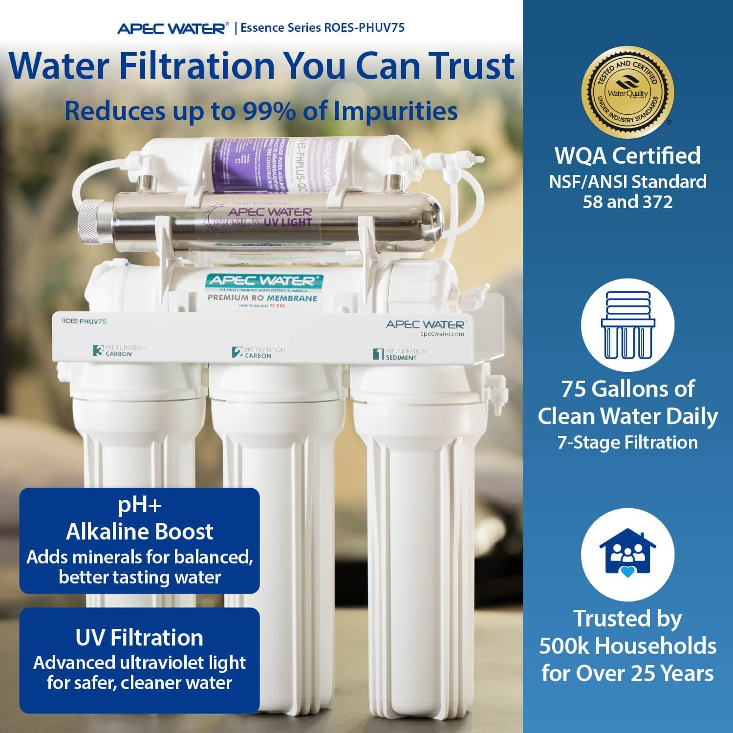 APEC Water ROES-50, 5-Stage Under Sink Reverse Osmosis System, 50 GPD | NSF Certified 372 & 58, Reduces 99% of Impurities, DIY Installation