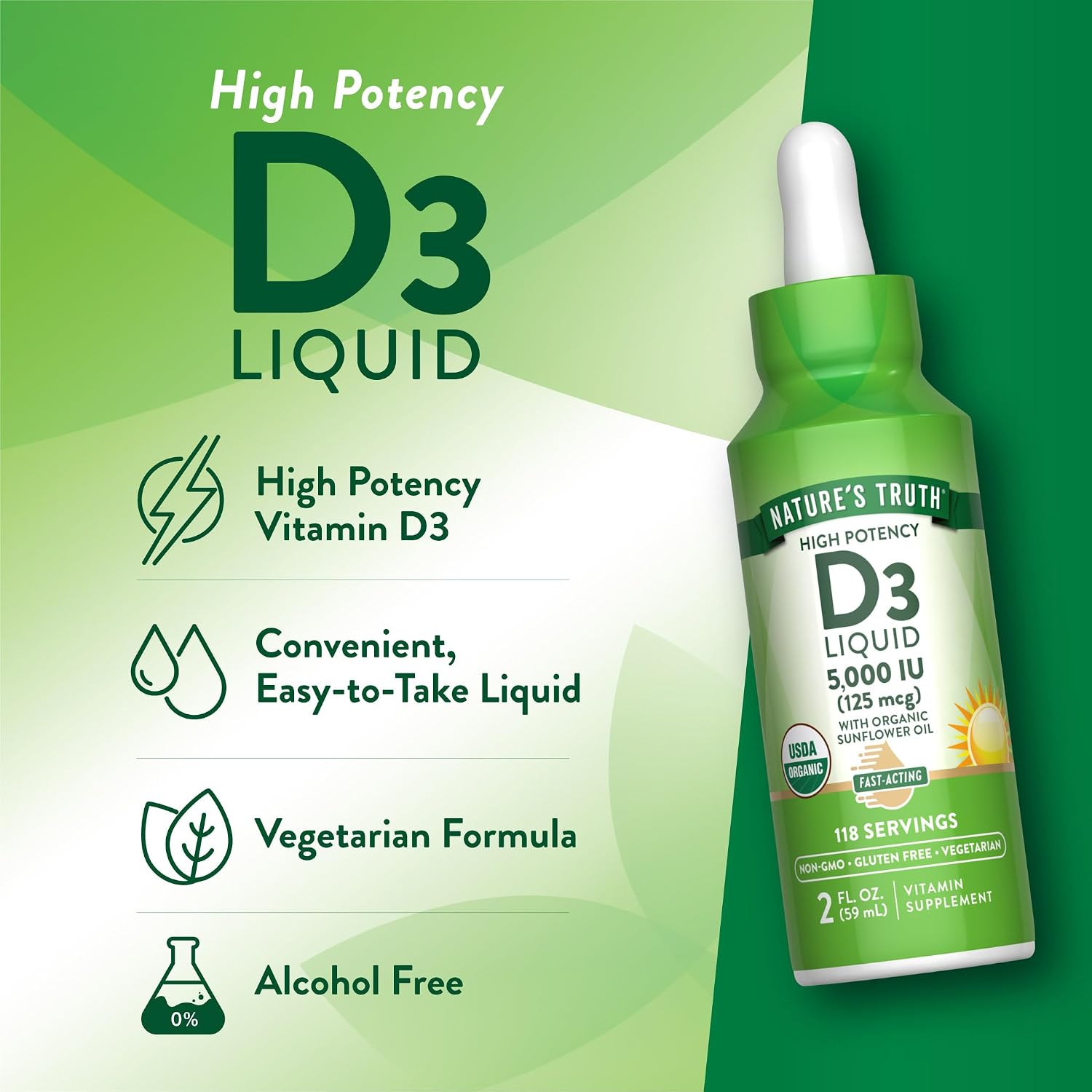 Nature's Truth Vitamin D3 Liquid | 5000 IU | 2 fl oz | Non-GMO and Gluten Free Supplement | Non-GMO and Gluten Free Supplement