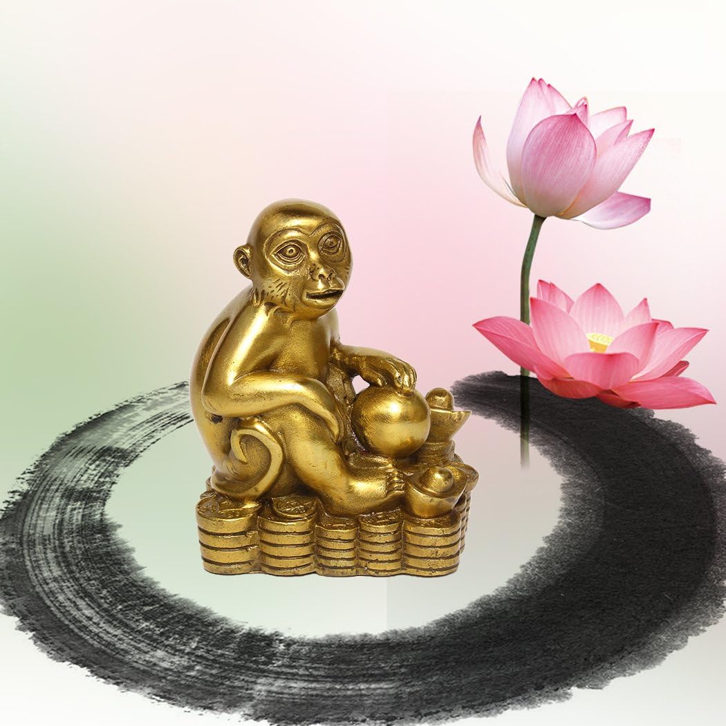 Brass Zodiac Monkey Statue, Chinese Feng Shui Decor for Wealth Luck | Golden Money Monkey Figurine, Home Desk Office Decor, Career & Wealth Decor
