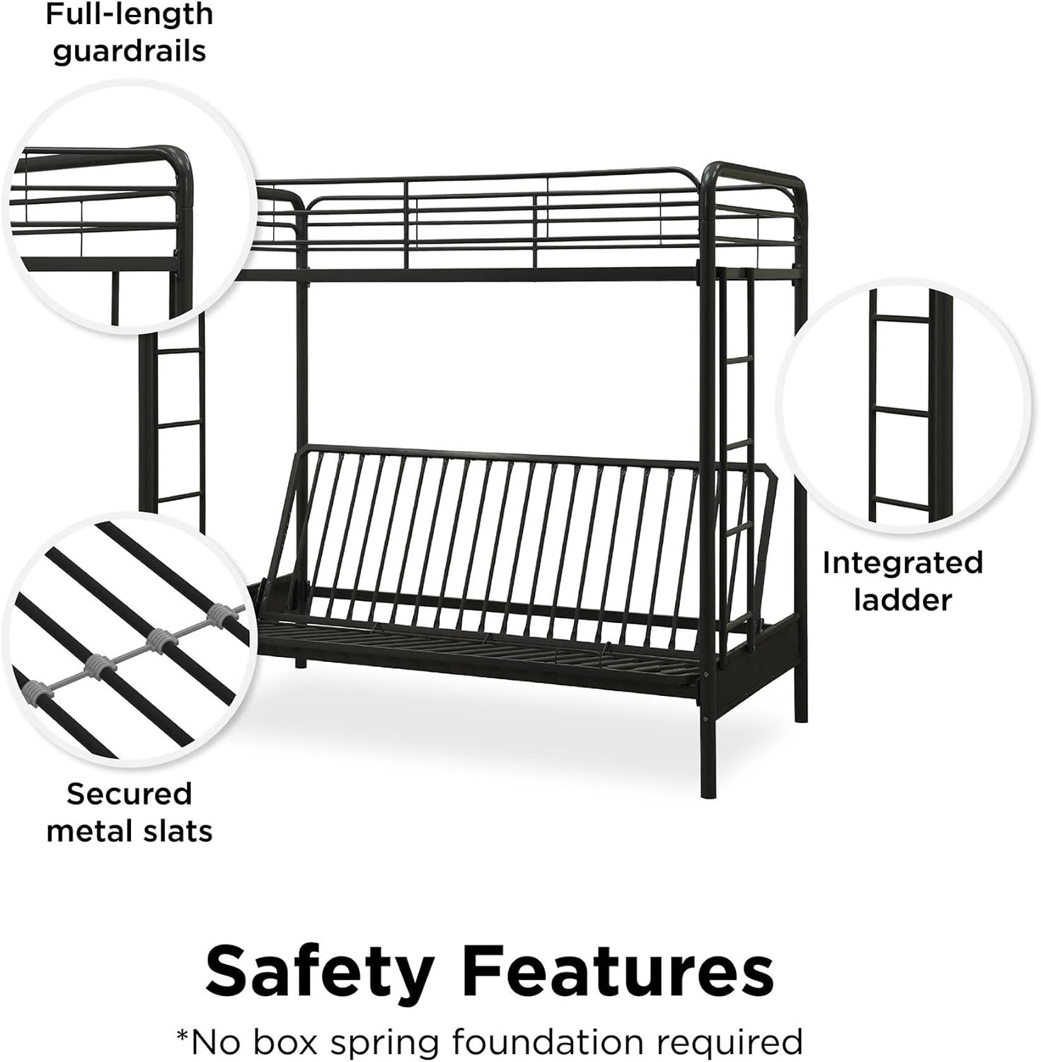 DHP Twin-Over-Futon Convertible Couch and Bed with Metal Frame, Ladder and Guardrails - Black