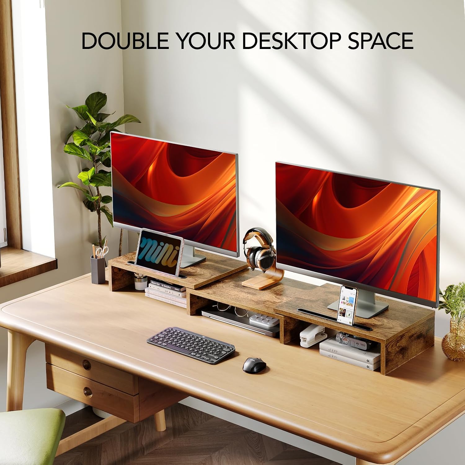 AMERIERGO Dual Monitor Stand Riser- 3 Shelf Screen Stand with Adjustable Length and Angle, 2 Extra Functional Slot Desktop Organizer Stand for PC