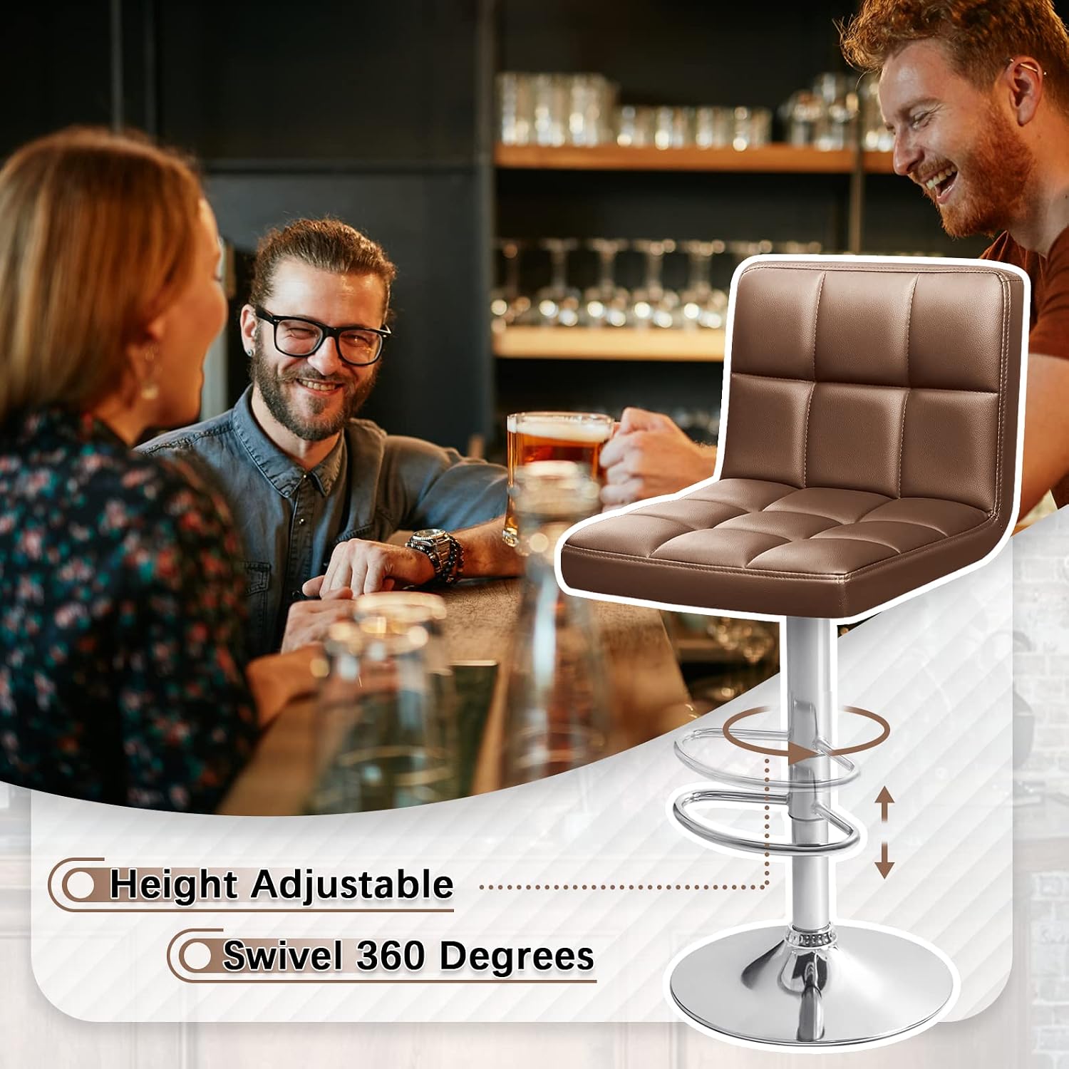 Homall Bar Stools Modern PU Leather Adjustable Swivel Barstools, Armless Hydraulic Kitchen Counter Bar Stool Extra Height Square Island Barstool with Back Set of 2 (Leather, White)