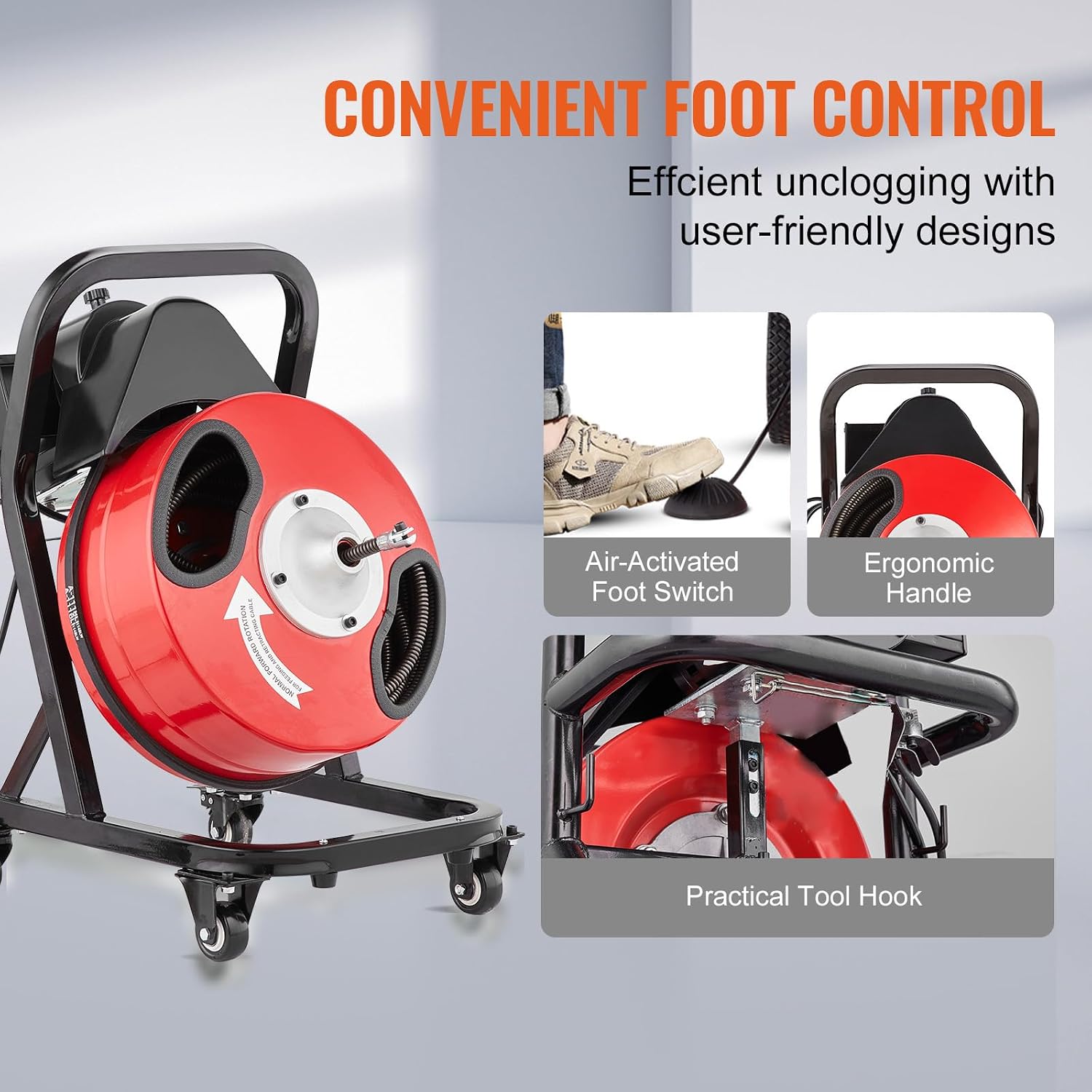 VEVOR Drain Cleaner Machine 100 FT x 3/4 Inch, Auto Feed Sewer Snake Auger, Portable Drain Cleaning Machine with Multi-Wheel Combination, 6 Cutters & Air-Activated Foot Switch for 4" to 8" Pipes