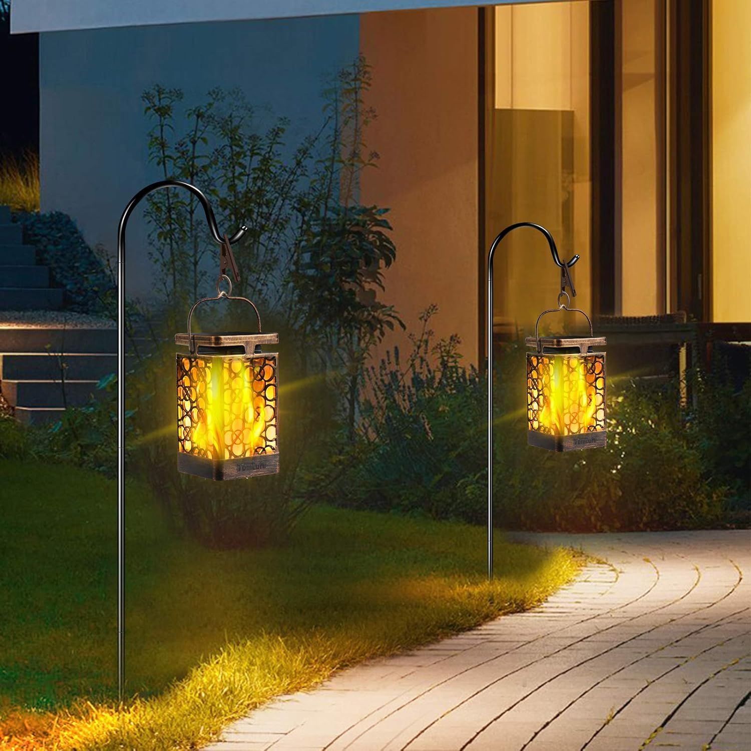 TomCare Solar Lanterns Outdoor, Flickering Flame Hanging Lights, 2 Pack