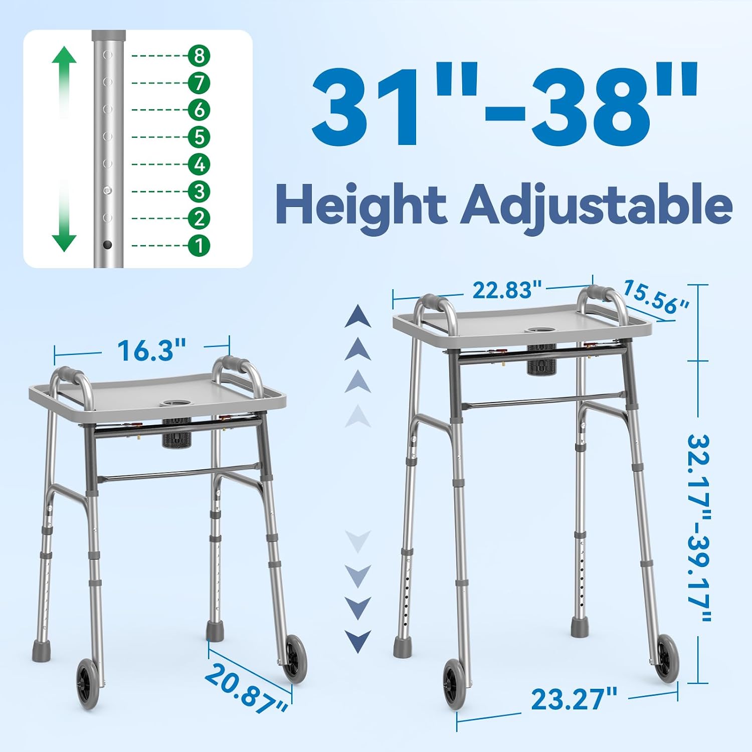 Loyoda Folding Walker with Basket and Glide Skis, 5" Wheels, Lightweight | Standard Walker for Seniors and Adults, Offers 8 Height Adjustments (31"-38"), Supports up to 350 lbs